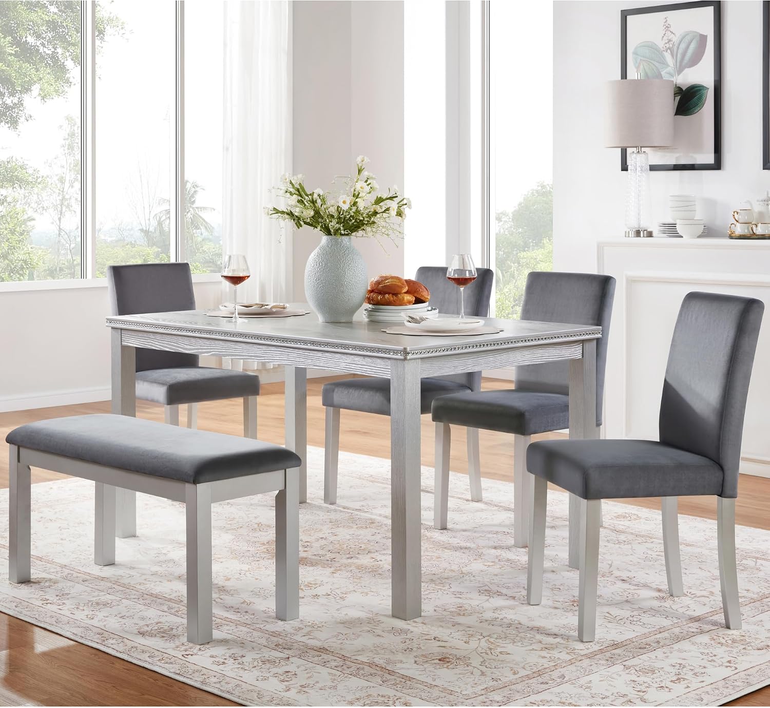 LUMISOL 6 Piece Wooden Dining Table Set, Rectangular Kitchen Table Set with 4 Upholstered Chairs and Bench for 6 People, Sliver Grey