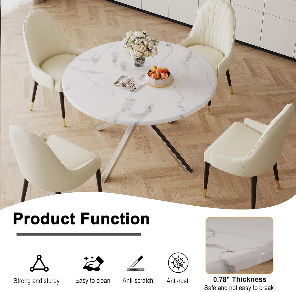 White Round Marble Dining Table with Silver Stainless Steel Leg, 45.28' Small Circle Marble Kitchen Table for 2-4 Person, Mid Century Modern Dining Table for Dining Room Kitchen Living Room