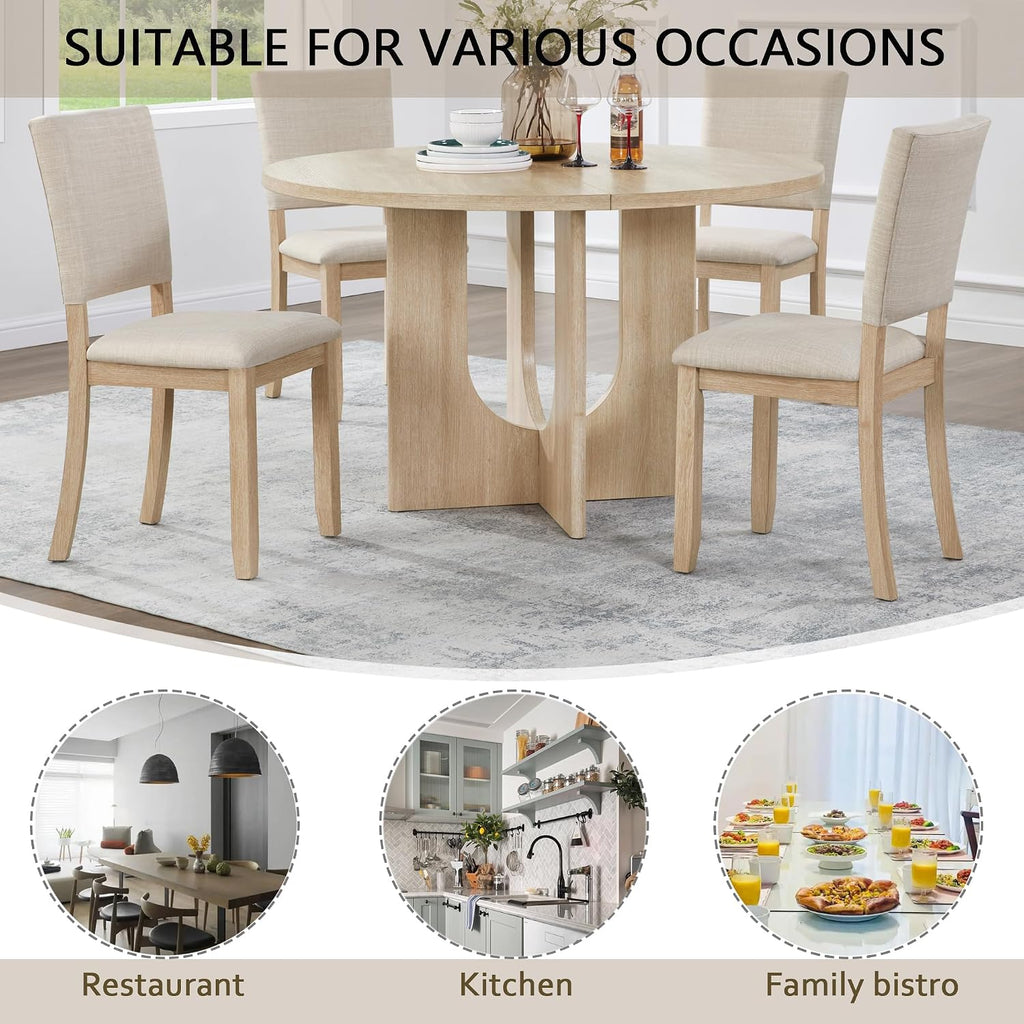 KEIKI 5-Piece Standard Height Dining Table Set with Round Table and 4 Upholstered Curved Backrset Chair, for 4 Person, Modern Style Wooden Table Set, Easy Assembly, for Kitchen, Dining Room, Beige