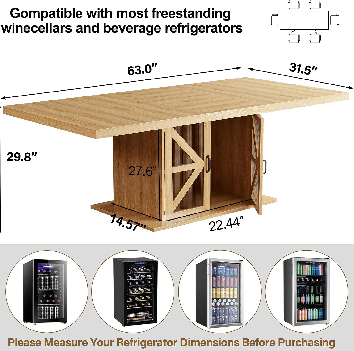 LVB Dining Table for 4-6, Modern Wood Dining Room Table, Farmhouse Rectangular Kitchen Table with Storage & Fridge Space, Large Rustic Eating Dinner Tables for Kitchen, Living Room, Oak, 63 Inch