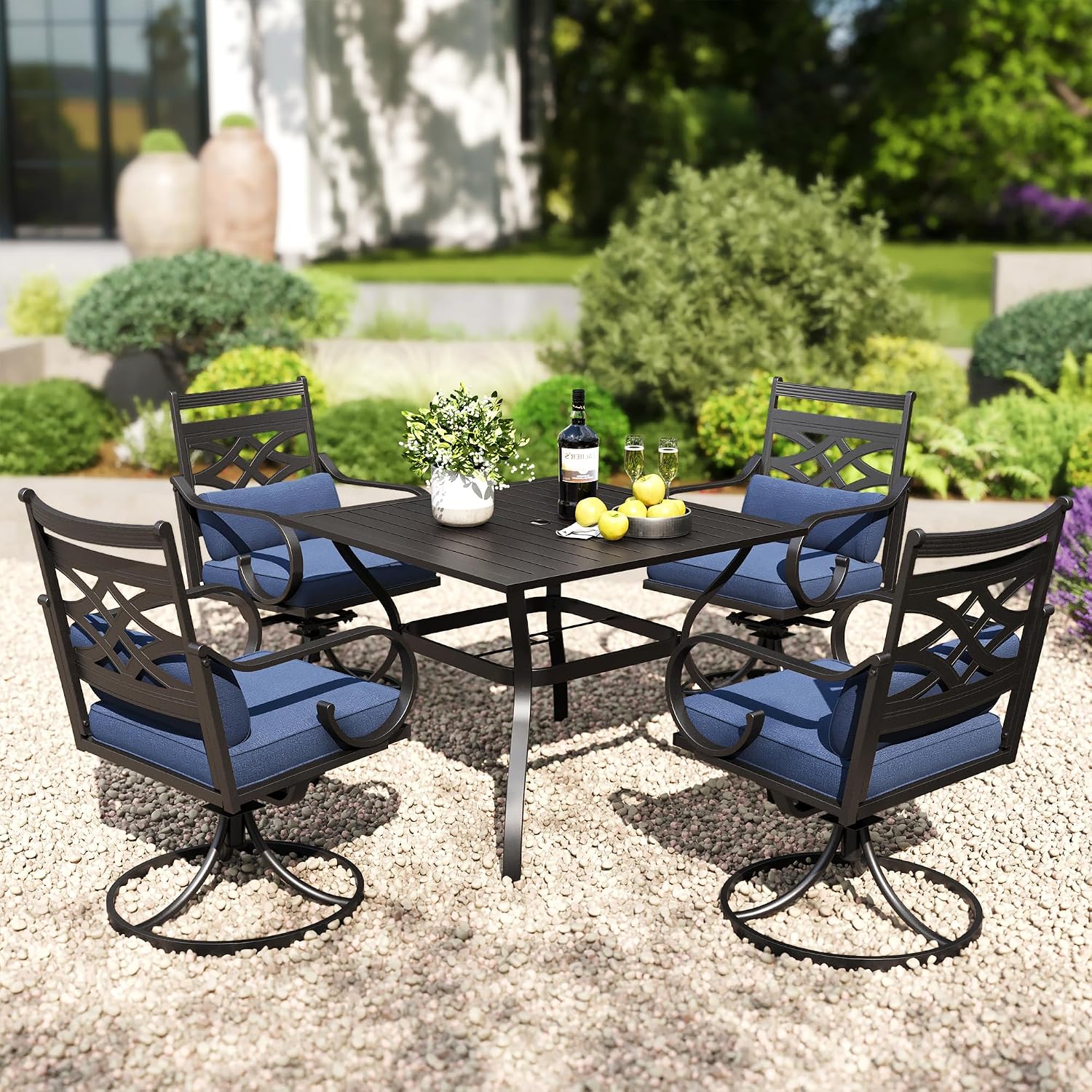 PHI VILLA 37 Inch Outdoor Dining Table Metal Steel Slat Square Patio Dining Table with 1.57' Umbrella Hole for Garden, Backyard and Porch (Classic Black)