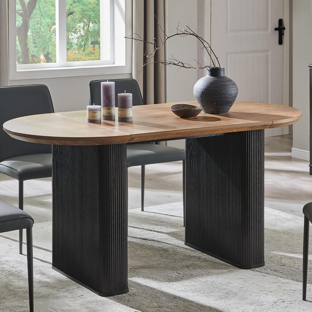 T4TREAM 63' Fluted Oval Dining Table for 4-6, Mid-Century Modern Kitchen Table with Thickened Edge & Strip Base, Wood Luxury Table for Dining Room/Kitchen/Home Office, Gold Brown&Black(Table Only)