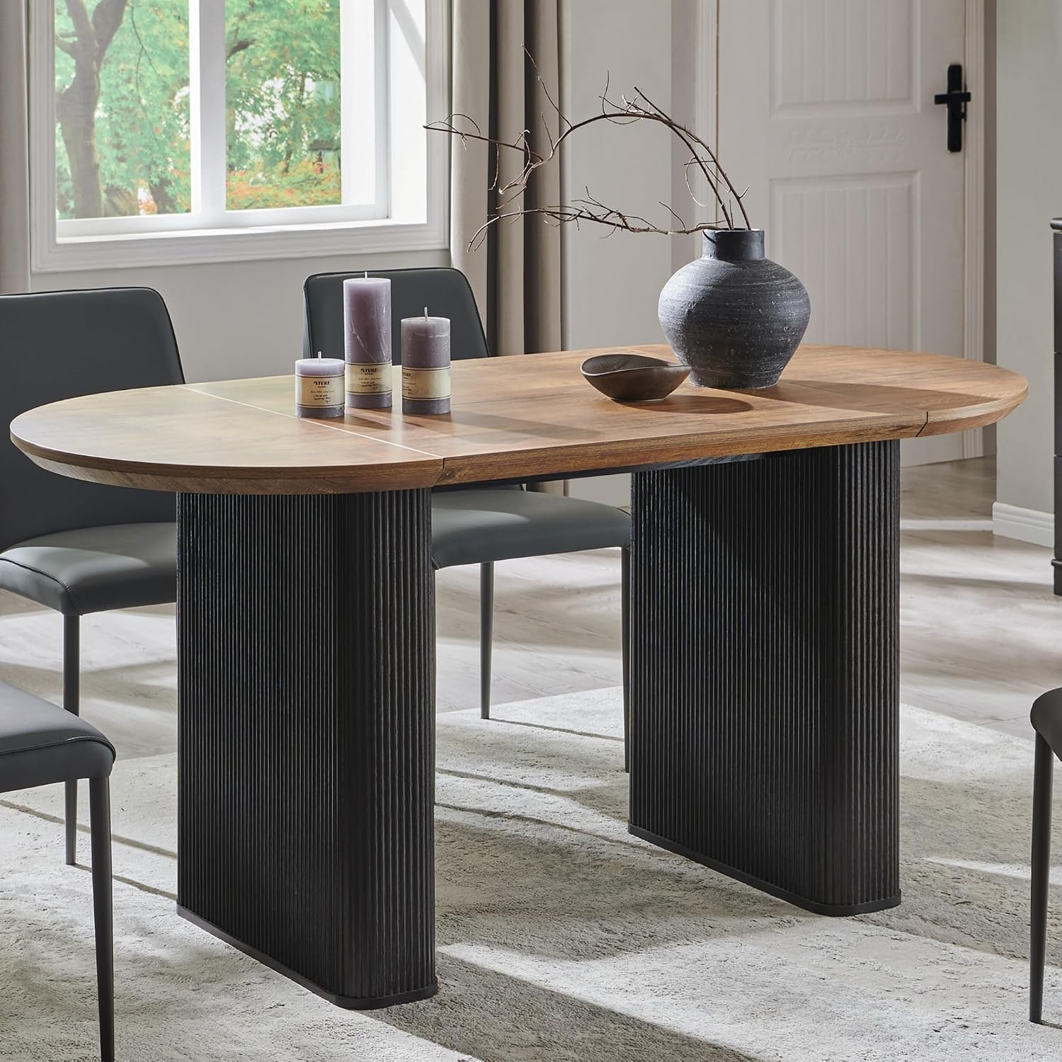 T4TREAM 63' Fluted Oval Dining Table for 4-6, Mid-Century Modern Kitchen Table with Thickened Edge & Strip Base, Wood Luxury Table for Dining Room/Kitchen/Home Office, Gold Brown&Black(Table Only)