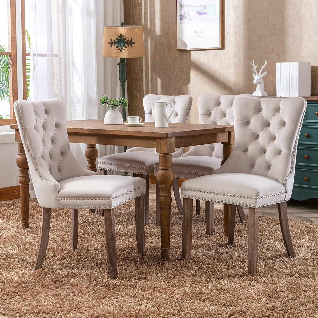 ODUSE-DAILY Beige Velvet Dining Chairs Set of 4, Kitchen & Dining Room Chairs, Fabric Tufted Dinning, Velvet Upholstered, High Wing Back, Pull Ring, Wood Frame, Mid Century Modern, Sillas de Comedor