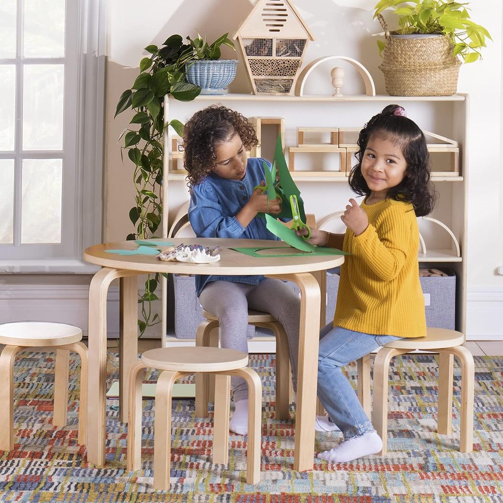 Guidecraft Nordic Table and Stools Set for Kids: Natural - 4 Stacking Bentwood Stools with Curved Wood Activity Table - Children's Modern Kitchen, Playroom and Classroom Furniture