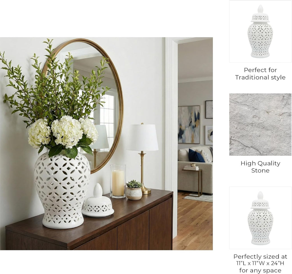 Elegant Pattern Ceramic Vase for Living Room and Home Decor - Chinoiserie House Accent for Dining Room Table Decor - Decorative Flower Vase for Room, Bedroom, or Office Display - 24', White