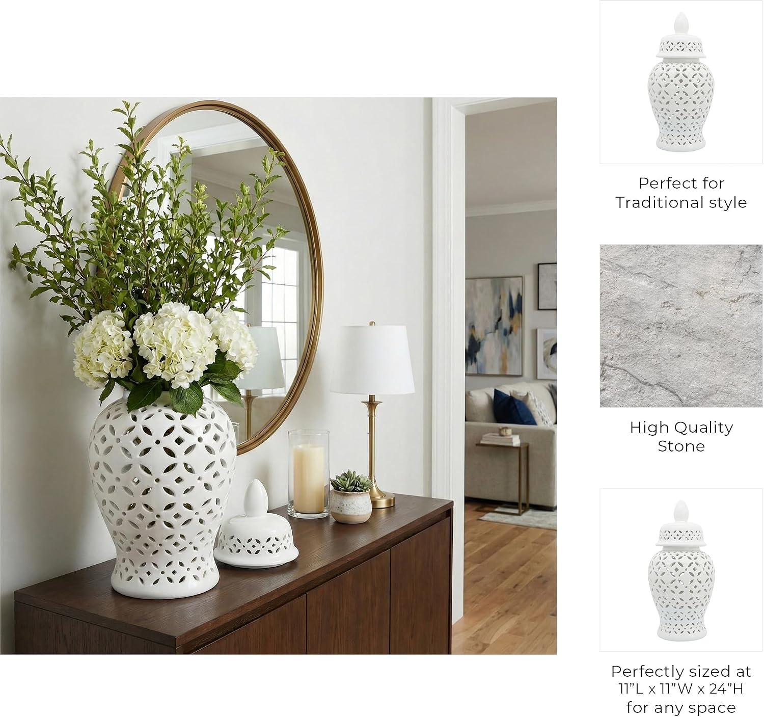 Elegant Pattern Ceramic Vase for Living Room and Home Decor - Chinoiserie House Accent for Dining Room Table Decor - Decorative Flower Vase for Room, Bedroom, or Office Display - 24', White