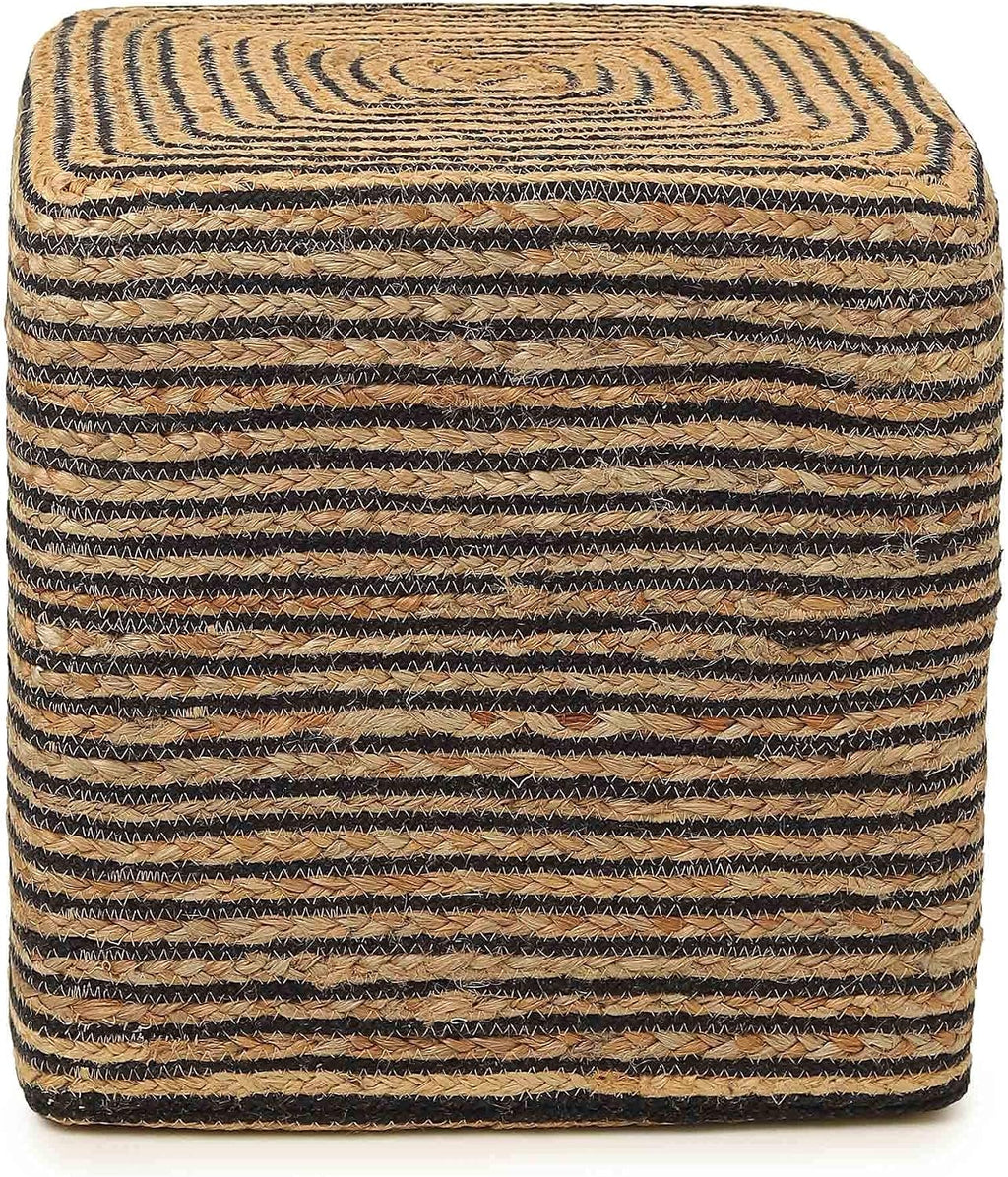 REDEARTH · Cube Pouf Foot Stool Ottoman - Jute Braided Pouffe Poof Accent Sitting Footrest for The Living Room, Bedroom, Nursery, Lounge 50% Jute 50% Cotton Set of 2 (14.5'X14.5'X16'; Natural Black)