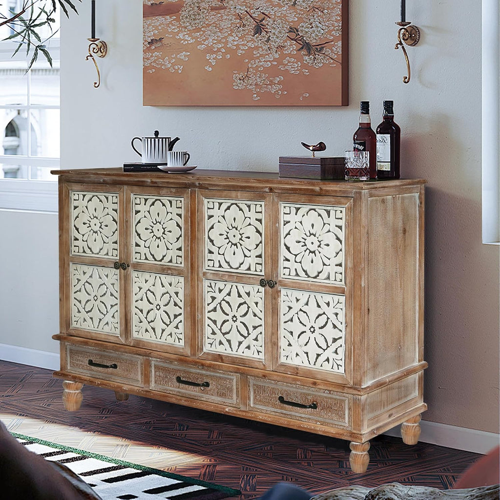 LKTART 59' Vintage Sideboard Buffet Cabinet with Storage,French Country Sideboard with Carved Doors,Farmhouse Credenza Accent Cabinet, Natural Wood