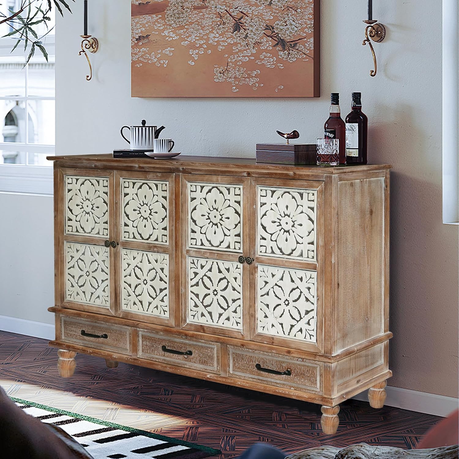 LKTART 59' Vintage Sideboard Buffet Cabinet with Storage,French Country Sideboard with Carved Doors,Farmhouse Credenza Accent Cabinet, Natural Wood