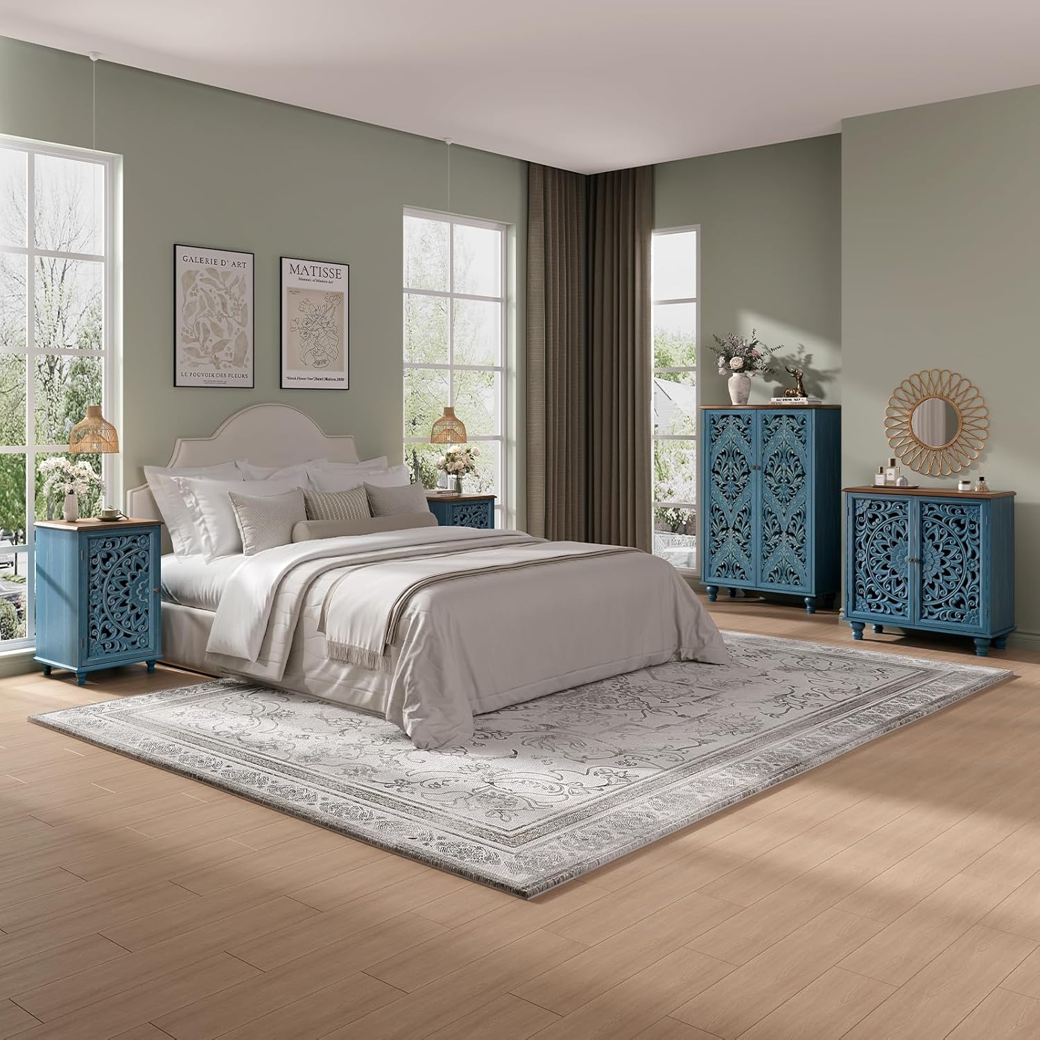 JOINICE Small Accent Cabinet with Carved Mandala Door,Storage Cabinet with Solid Wood Legs & Adjustable Shelf,Boho Distressed End Table for Living Room,Bedroom, Entryway Side Table(Blue & Walnut)