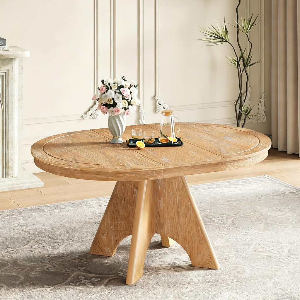 LUMISOL 42'-58' Extendable Round Dining Table for 4-6, Farmhouse Kitchen Table with Distressed Finish and Sturdy Crossed Legs, Wood Dinner Tables for Kitchen, Dining Room, Natural Wood Wash