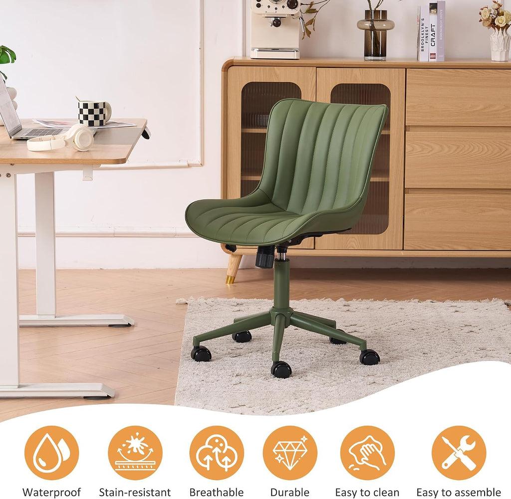 YOUNIKE Home Office Desk Chair with Wheels Armless Vanity Chair with Back Comfy Modern Leather Upholstered Rolling Task Chair Swivel Small Cute Sewing Chair No Arms Wide Adjustable Sage Green