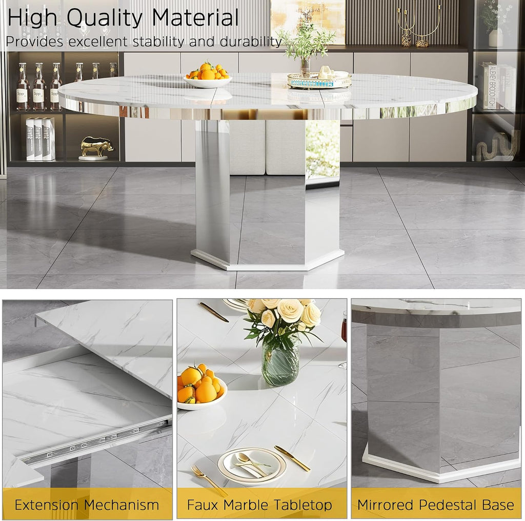 47'-63' Round Extendable Dining Table for 4-6, Modern Expandable Kitchen Table with White Faux Marble Top & Silver Mirrored Hexagon Base, Luxury Faux Marble Dining Room Table for Family Gathering