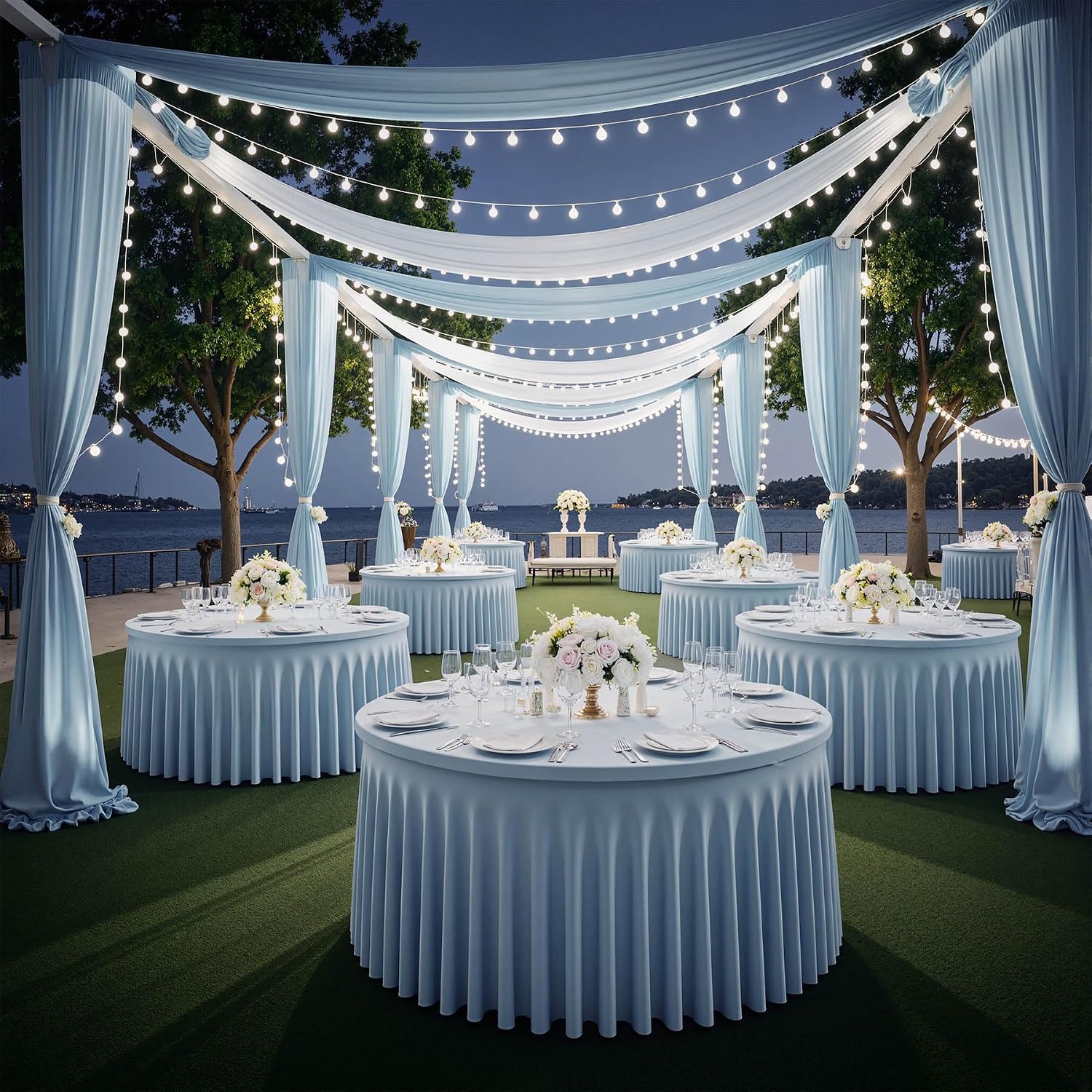 6 Pack Dusty Blue Spandex Round Tablecloths for 60 inch Table, Wrinkle Free Stretchy 120inch Fitted 5FT Round Table Cover Cloths with Skirt for Wedding Party Dining Banquet