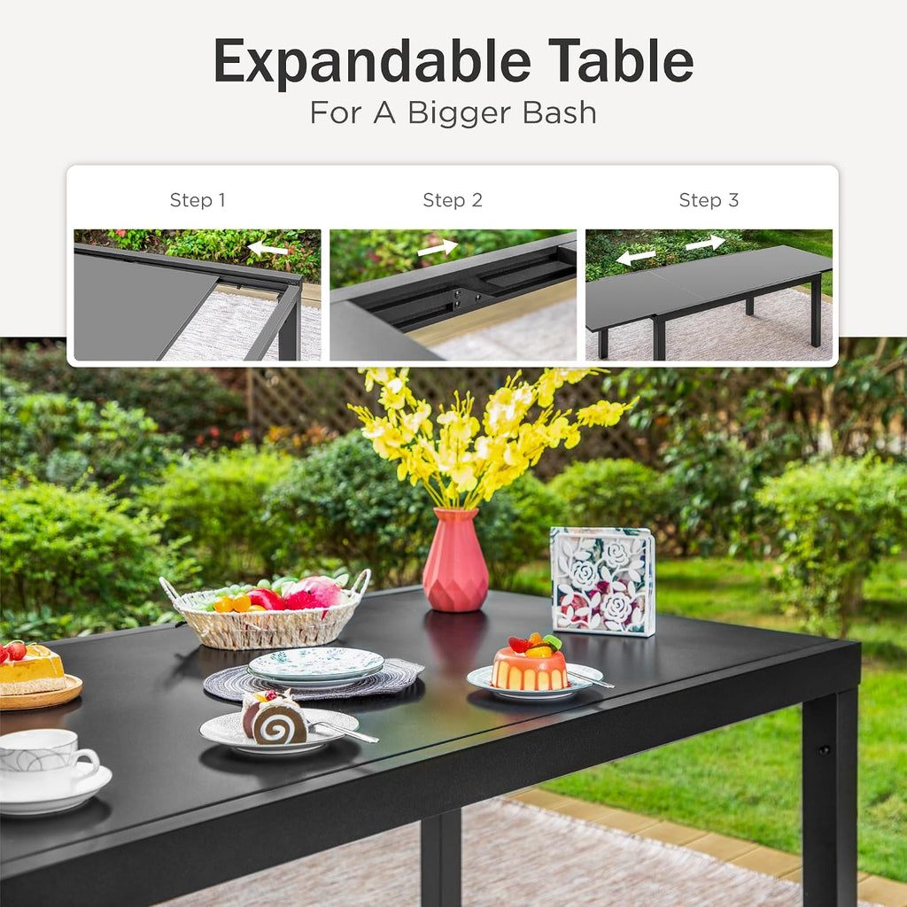 PHI VILLA Extra Large Expandable Patio Dining Table 99.2' × 35.5' Metal Outdoor Table for 6-10 Person, Metal Outdoor Dining Table with E-Coating for Garden Deck Yard- (Black)