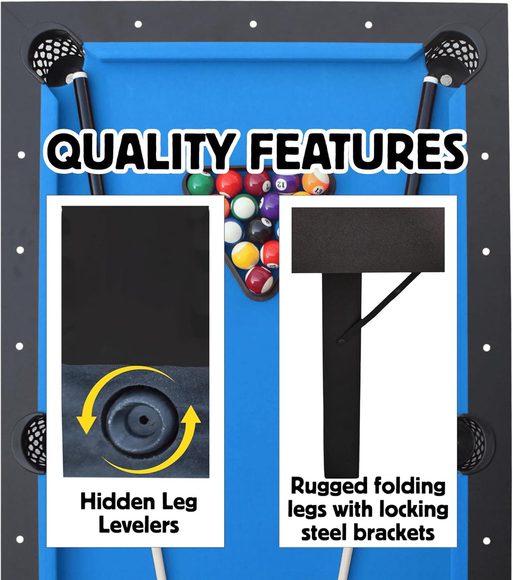 Freetime Fun 6 FT Pool Table, No Assembly, Portable, Includes Billiard Tables Accessories- 2 Pool Cues, Set of Balls, Triangle, Pool Table Brush, Chalk