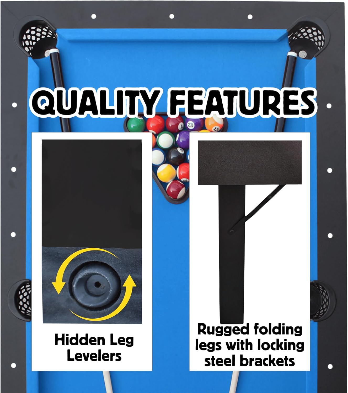 Freetime Fun 6 FT Pool Table, No Assembly, Portable, Includes Billiard Tables Accessories- 2 Pool Cues, Set of Balls, Triangle, Pool Table Brush, Chalk
