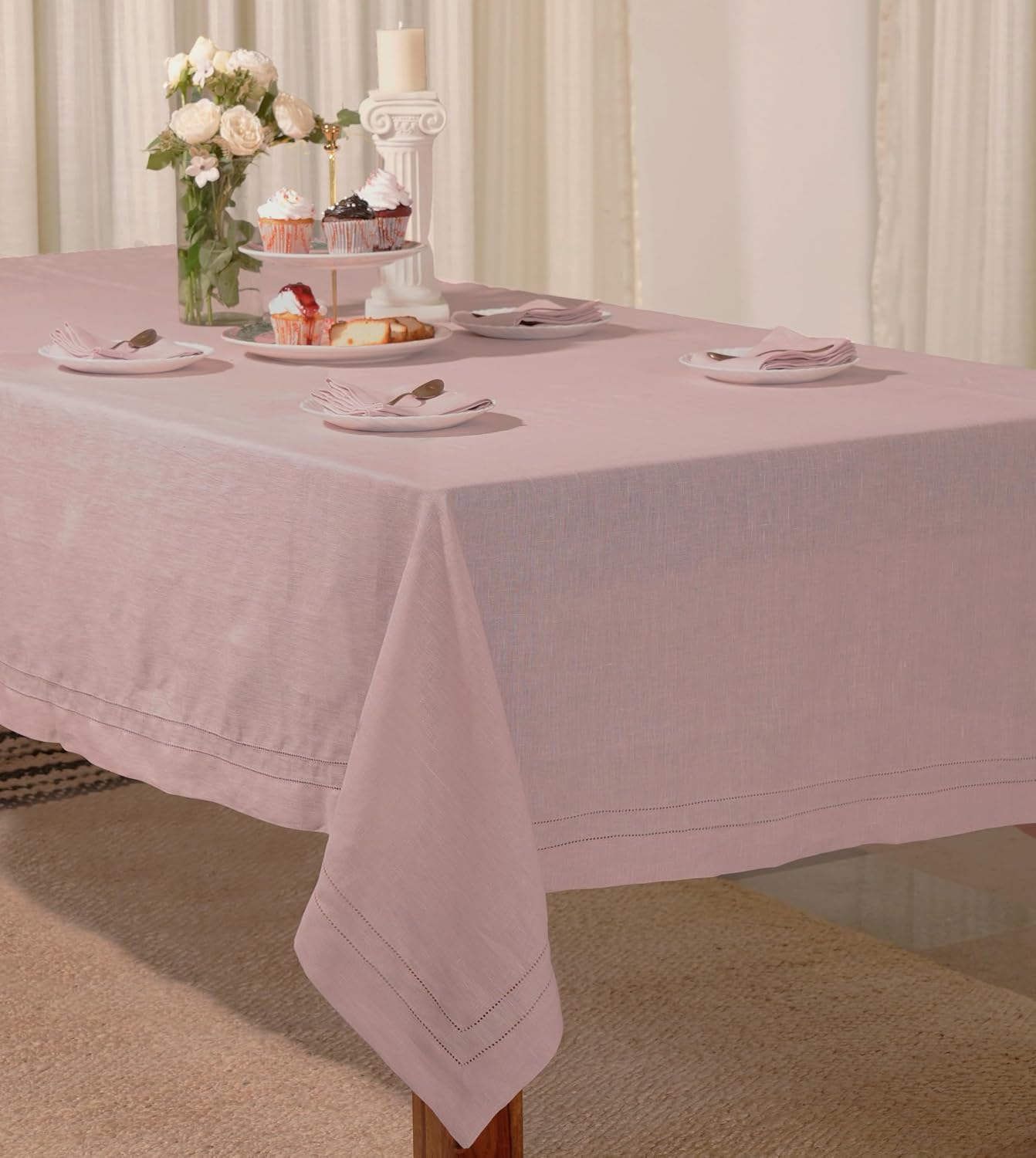 BLUE FLOWER CO Premium 100% Pure Linen Tablecloth 70'x120' Rectangle, Double Hemstitched Table Cover for Dinner, Parties, Eco-Friendly, Fall & Winter Table Décor - Dusty Rose