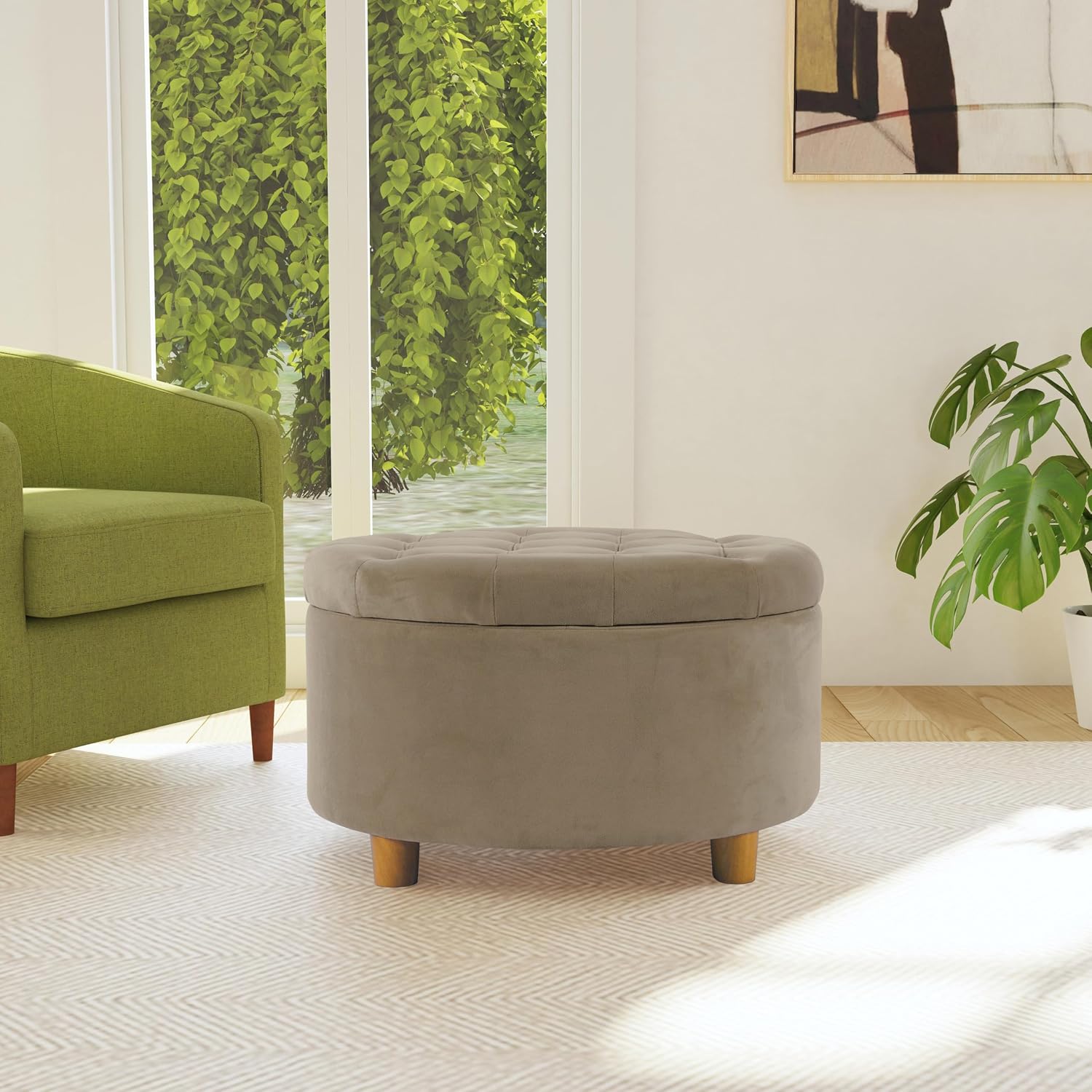 Homepop Home Decor | Button Tufted Velvet Round Storage Ottoman | Ottoman with Storage for Living Room & Bedroom, Fawn Velvet