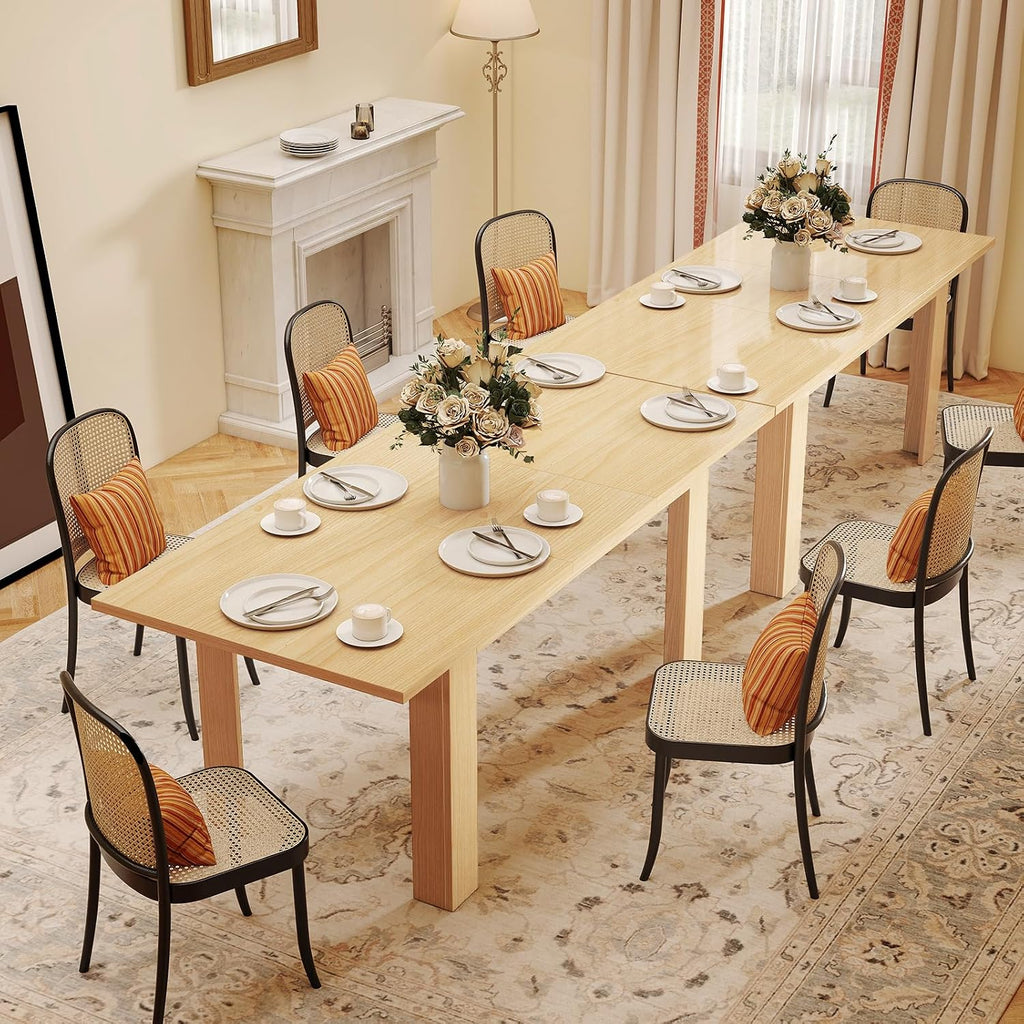 Miereirl 59'–77' Extendable Farmhouse Dining Table for 6–8, Space-Saving Rectangular Kitchen Table with Easy Pull-Out Extension for Family Meals, Work & Everyday Use (Natural)
