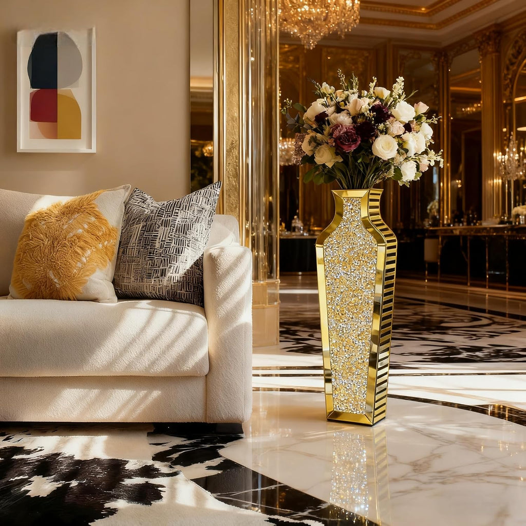 SHYFOY Gold Crushed Diamond Floor Vase, Large Mirrored Tall Vases for Floor, Modern Glass Decorative Vases for Living Room Bedroom Home Corner Indoor Office, 26.8' Tall