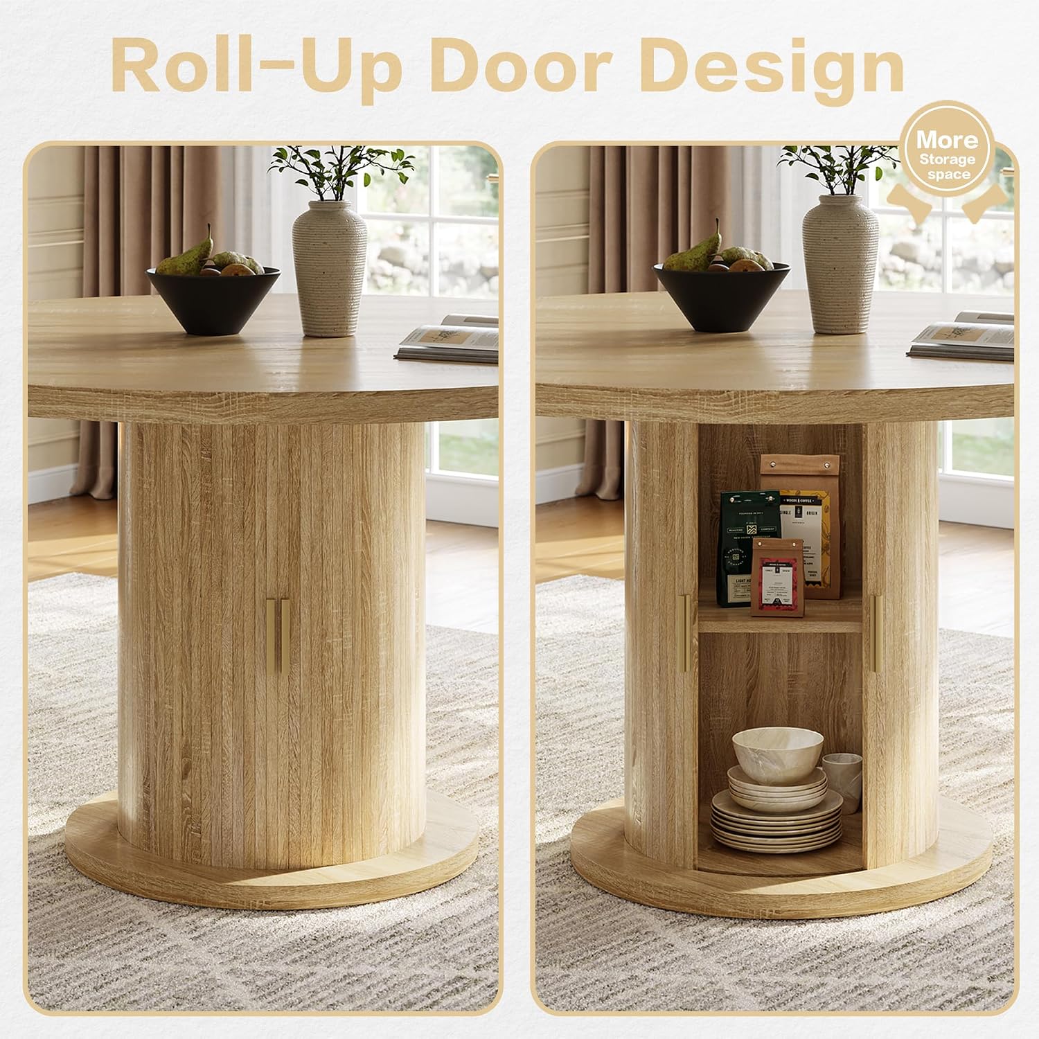Round Dining Table for 4-6, 43.3' Modern Farmhouse Kitchen Table with Hidden Storage & Tambour Door, Japandi Style Wood Pedestal Circle Table for Small Spaces, Apartment, Dining Room, Classic Oak