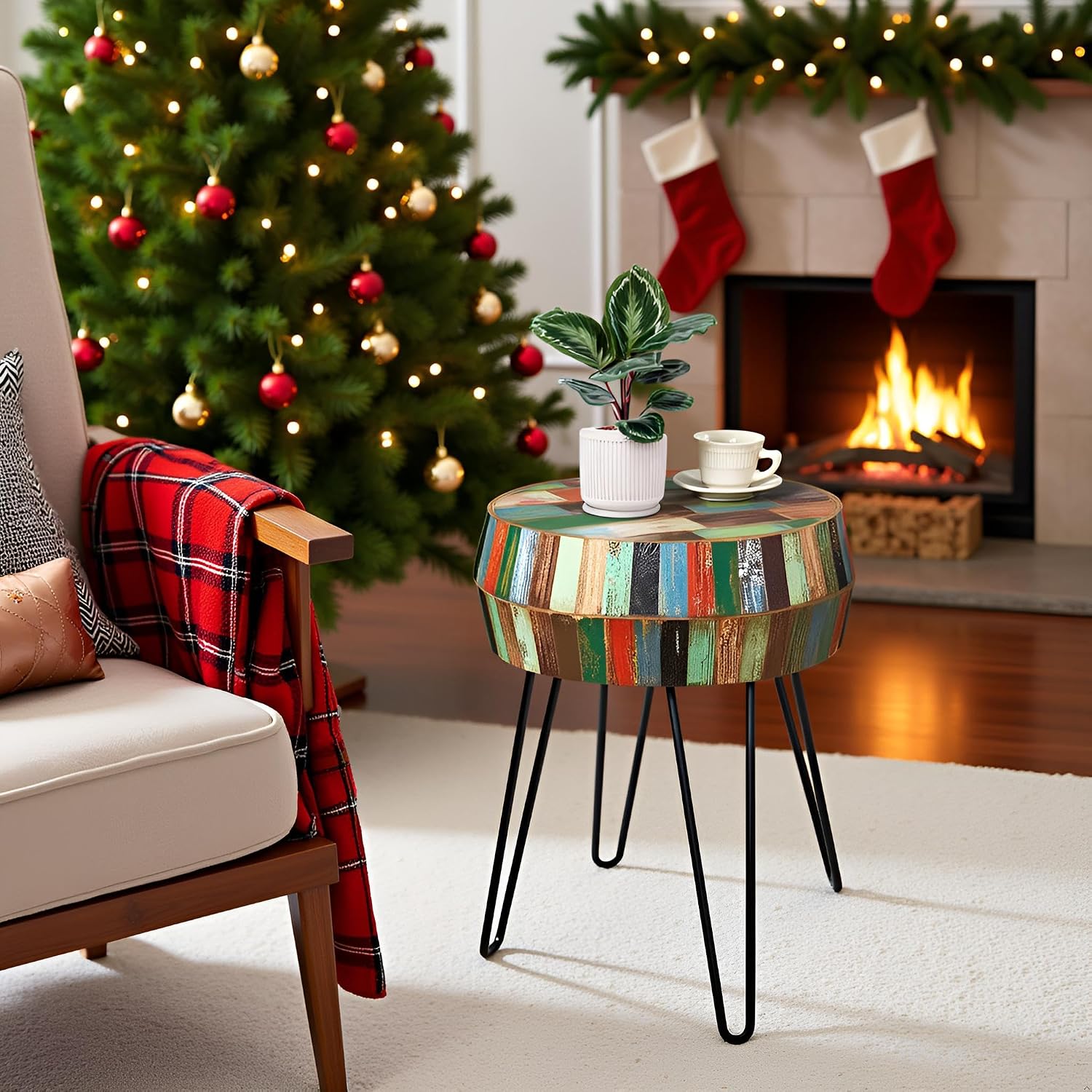 Multicolor Wood Round Drum Side Table 18.2'x18.2'x23.6'H Reclaimed Wooden Farmhouse Rustic Coffee End Table Vintage Accent Plant Stand Outdoor Living Room Bedroom Patio Home Decor