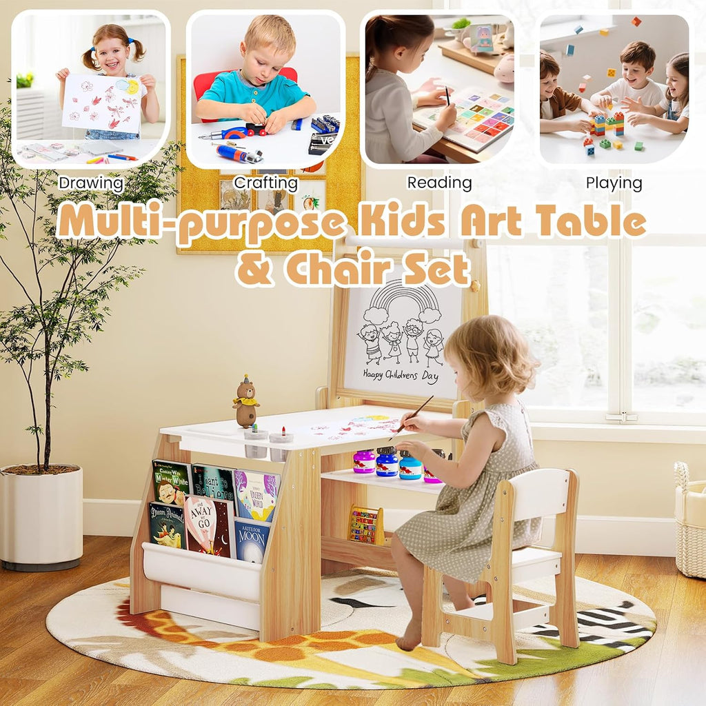 HONEY JOY Kids Art Table and Chair Set, Wooden Arts and Crafts Activity Set w/Adjustable Magnetic Whiteboard & Chalkboard, Paper Roll, Bookshelves & Storage Shelves, Toddler Table(Natural)