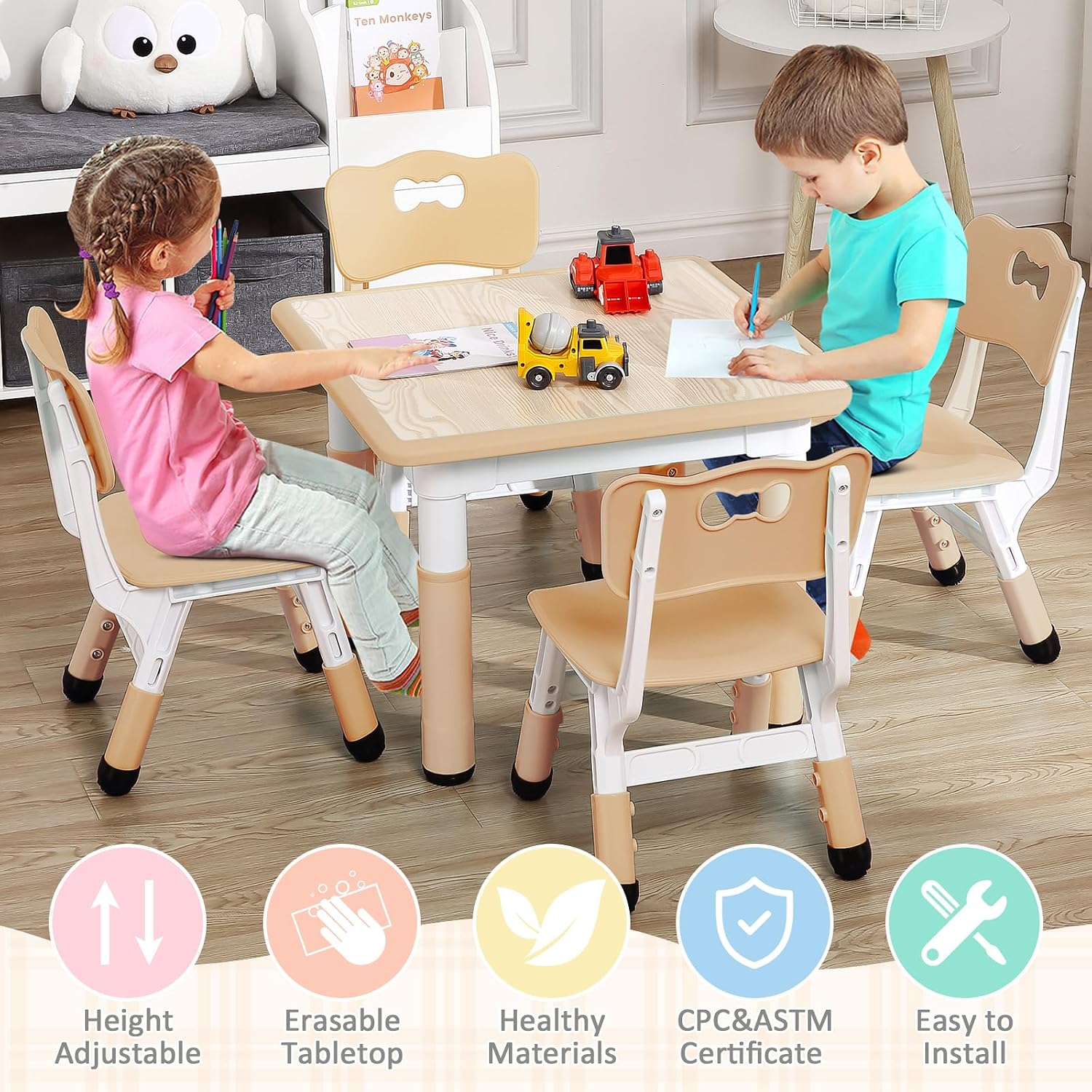 GarveeHome Kids Table and Chairs Set, Height Adjustable Desk for Ages 2-10,Arts & Crafts Table,Graffiti Desktop, Non-Slip Legs, Max 300lbs, Children Multi-Activity Table for Classrooms,Daycares,Home