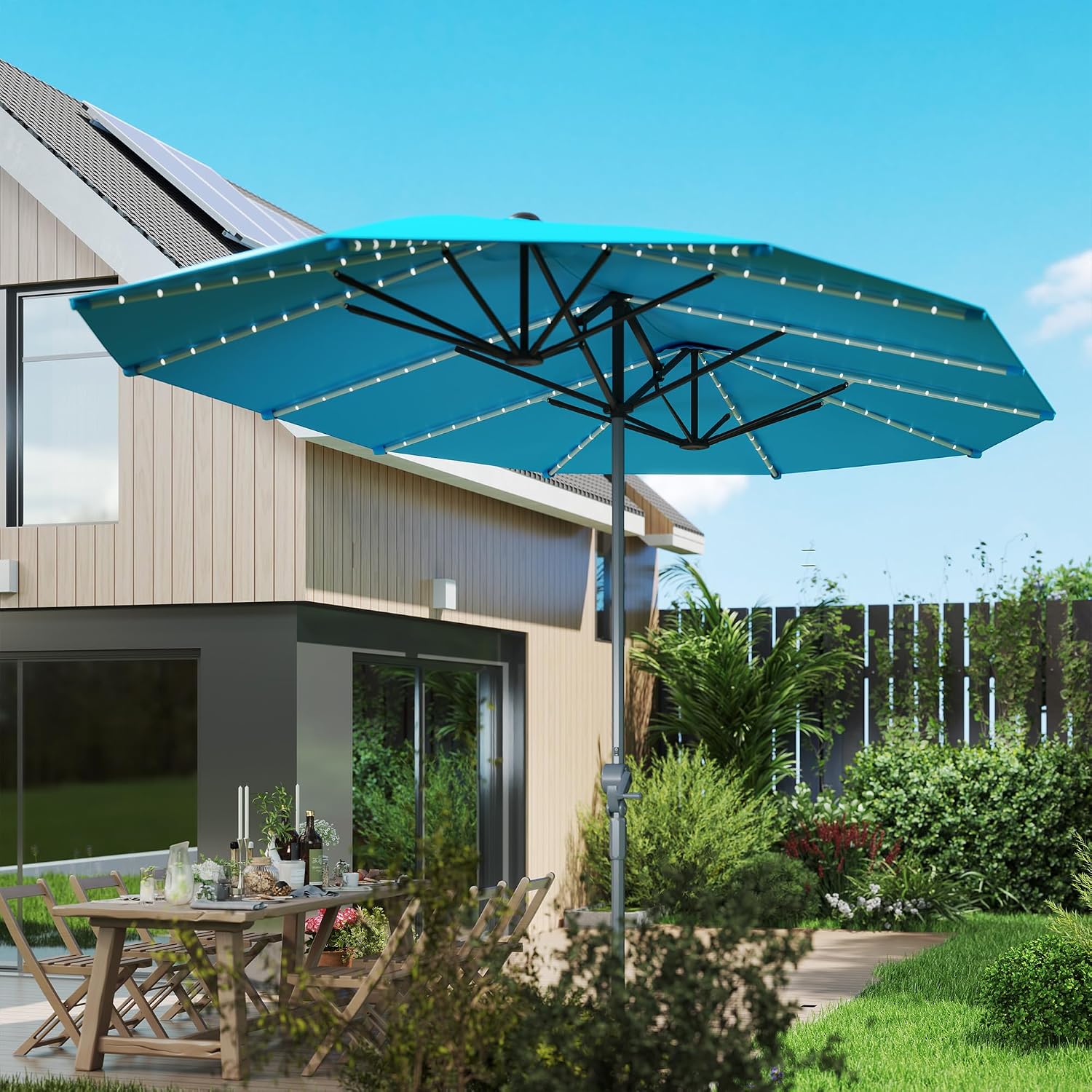 Outsunny 15ft Extra Large Patio Umbrella with Bright Solar Lights, Aluminum UPF50+ Double-Sided Outdoor Table Market Umbrella with Fiberglass Ribs Crank Air Vents for Backyard Deck Pool