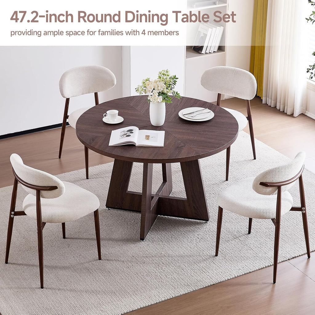 47' Round Dining Table Set for 4 with Chairs Circle Kitchen Table and Chairs Set Mid-Century Modern Chair with Metal Legs for Apartment Living Room(1 Walnut Table + 4 Beige Chairs)