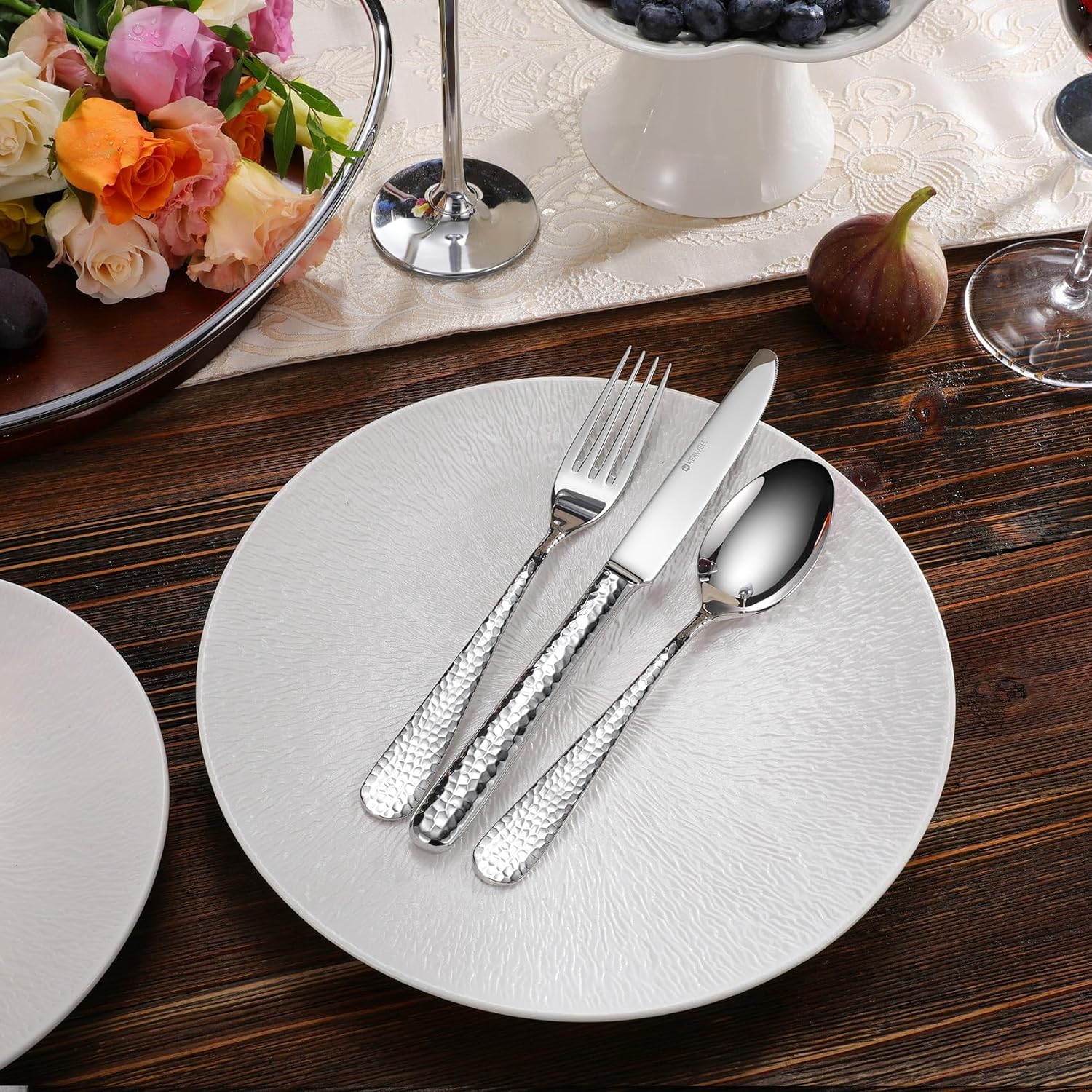 KEAWELL Premium 20/45/65 Piece Louise Hammered Silverware Set with Round Edge, 18/10 Stainless Steel, Service for 4/8/12, Fine Flatware Set, Dishwasher Safe (65)