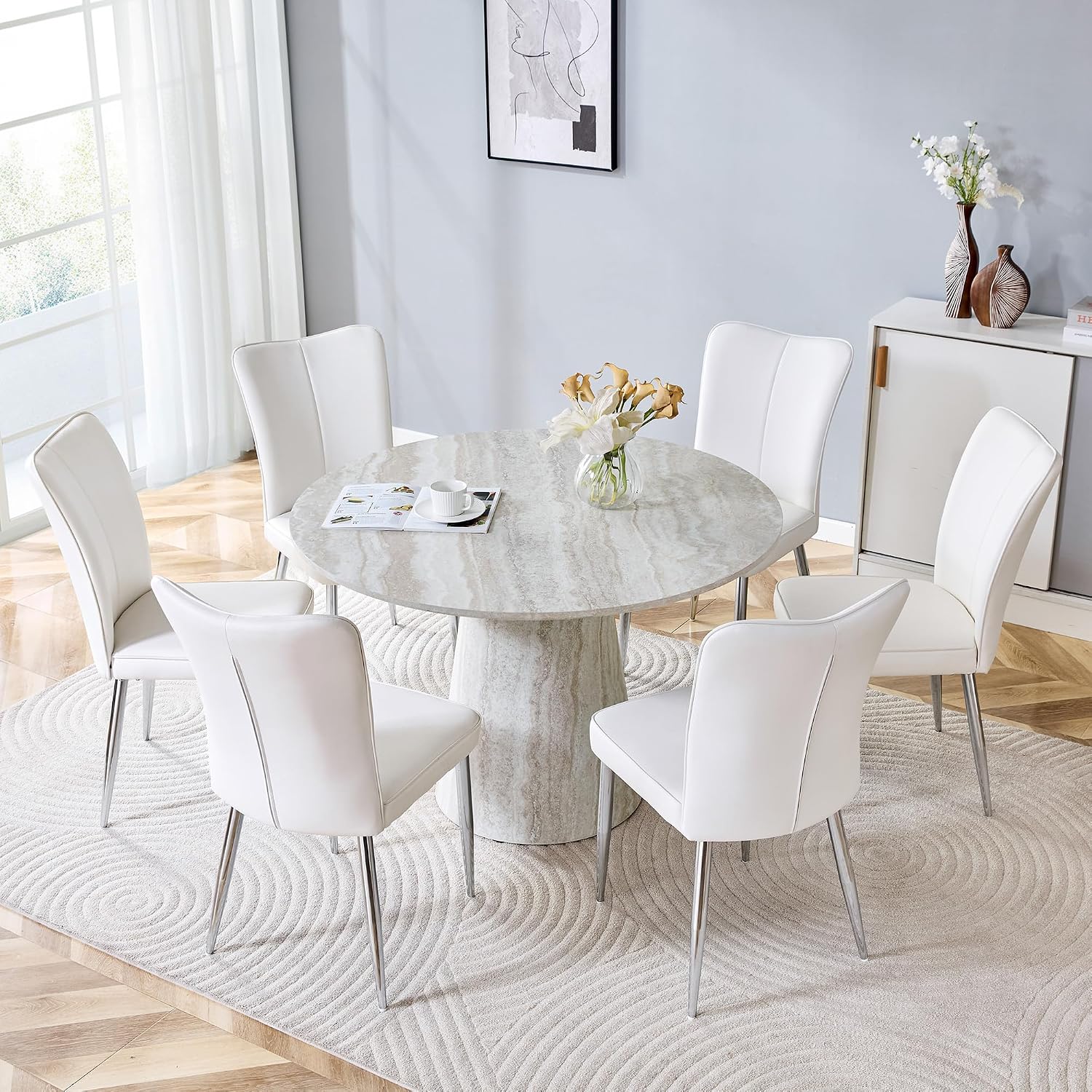 Faux Marble Round Dining Table for 4-6, 45' Modern Farmhouse Round Kitchen Table with 1' Thickened Wood Top & Stable Pedestal for Dining Room,Living Room,Apartment,Restaurant(Beige)