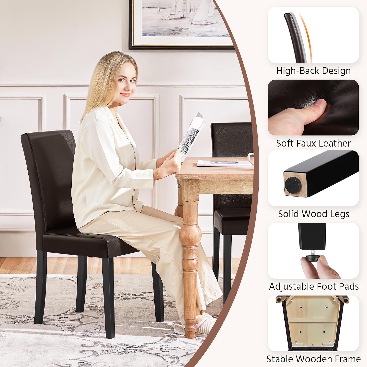 Yaheetech Dining Chairs Set of 4 PU Leather Dining Room Chairs with Waterproof Surface and Wood Legs for Kitchen Restaurant and Living Room, Dark Brown