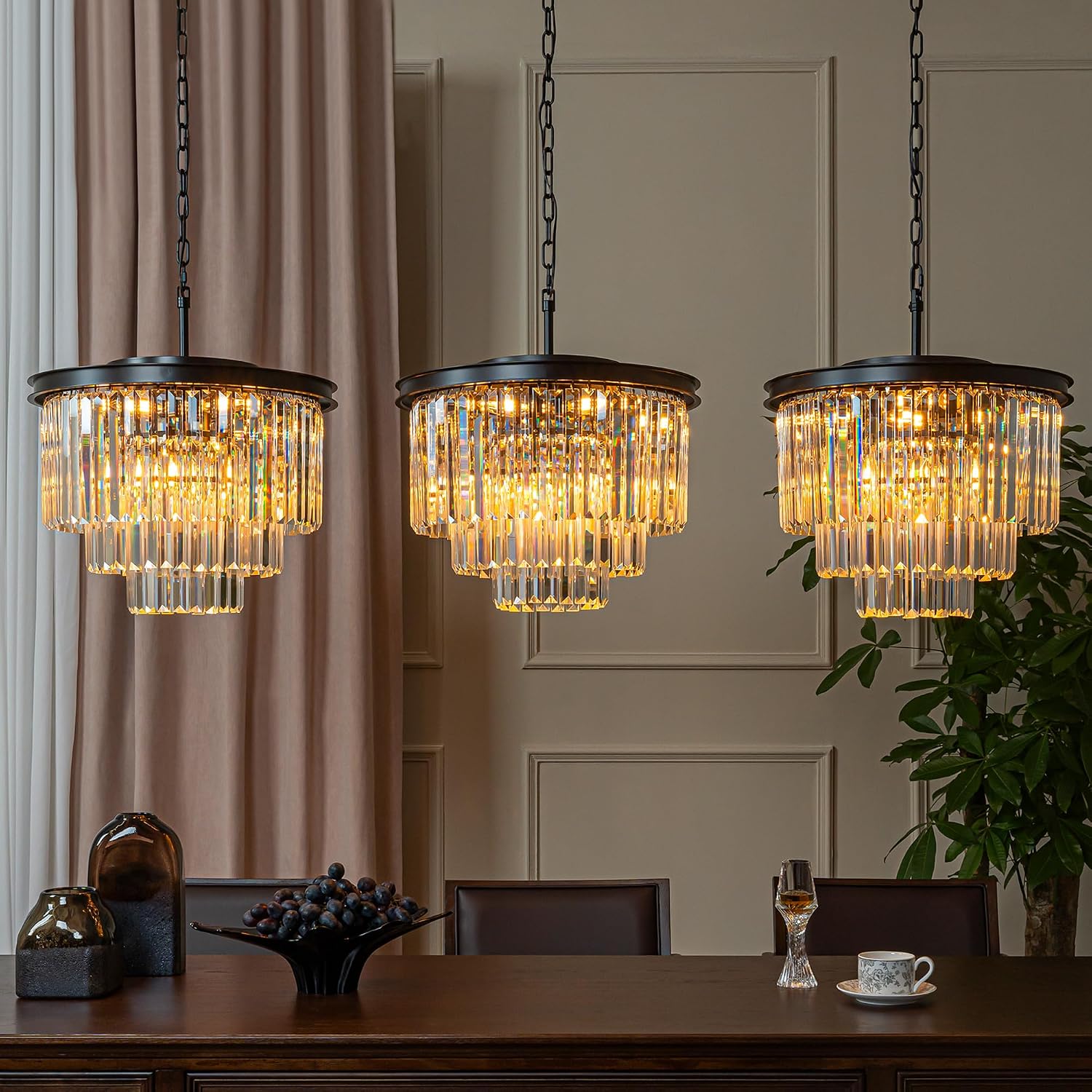 ALPADECOR 6-Light W 20' Modern Matte Black 3-Tier Round Fringe Crystal Chandelier Black Finish Frame Close to Ceiling Dual-Use Light for Dining Room Living Room