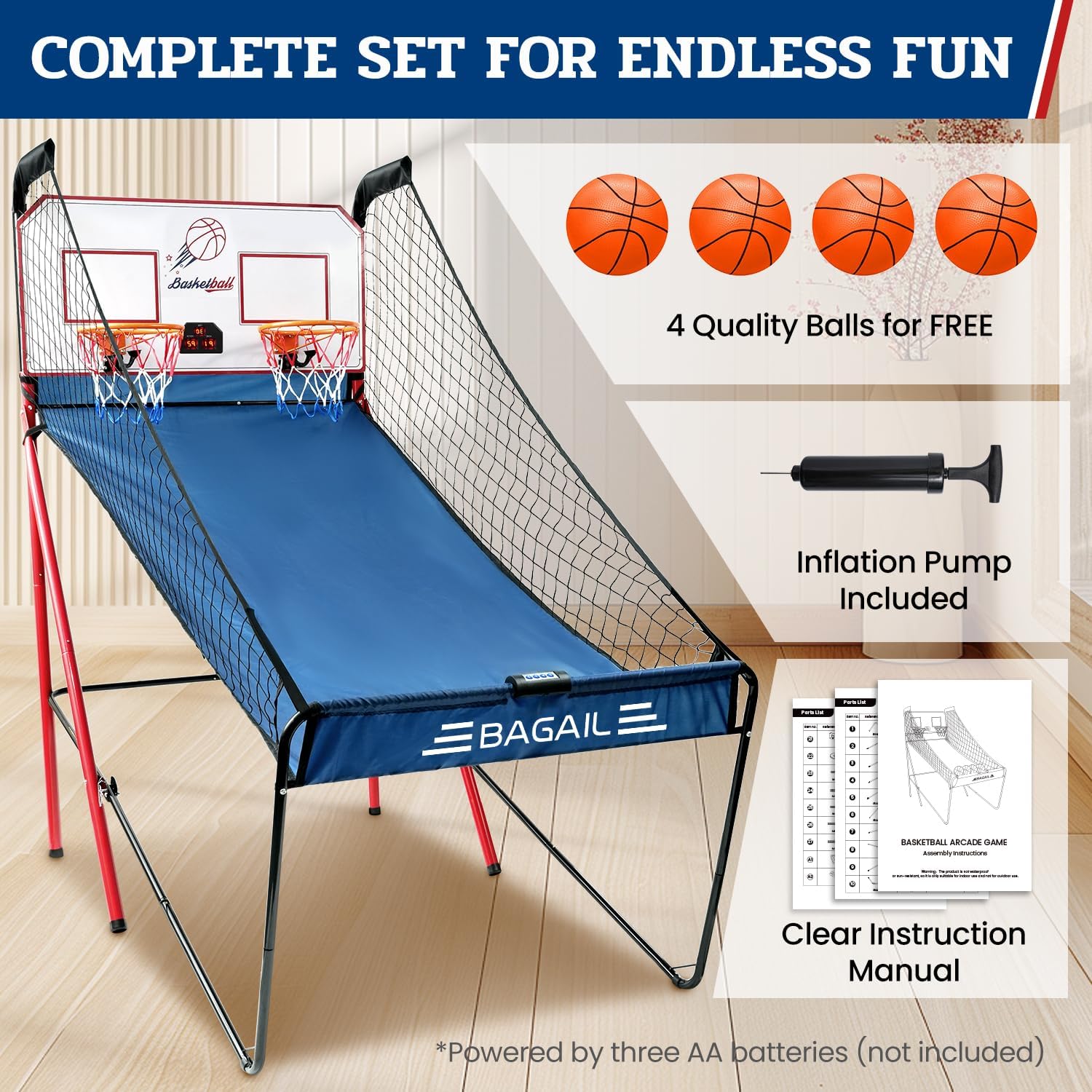 BAGAIL Basketball Arcade Game, Electronic Basketball Shooting Game with 8 Game Modes, Arcade Sounds, Foldable Frame, 4 Balls, Inflation Pump, Ideal Indoor Sport Games for All Players - Dual Shots