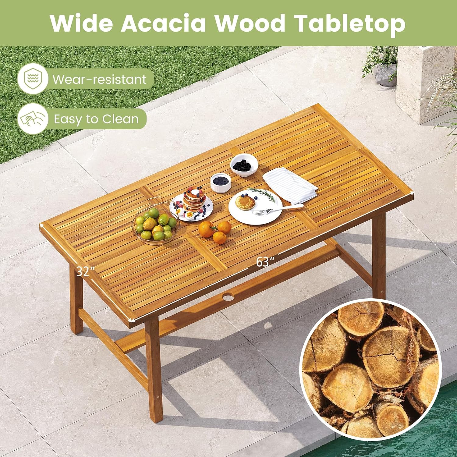 HAPPYGRILL Outdoor Acacia Wood Dining Table 63', Patio Wooden Table for 6, with Slatted Tabletop, 1.97' Umbrella Hole & Cover, for Backyard, Deck, Porch