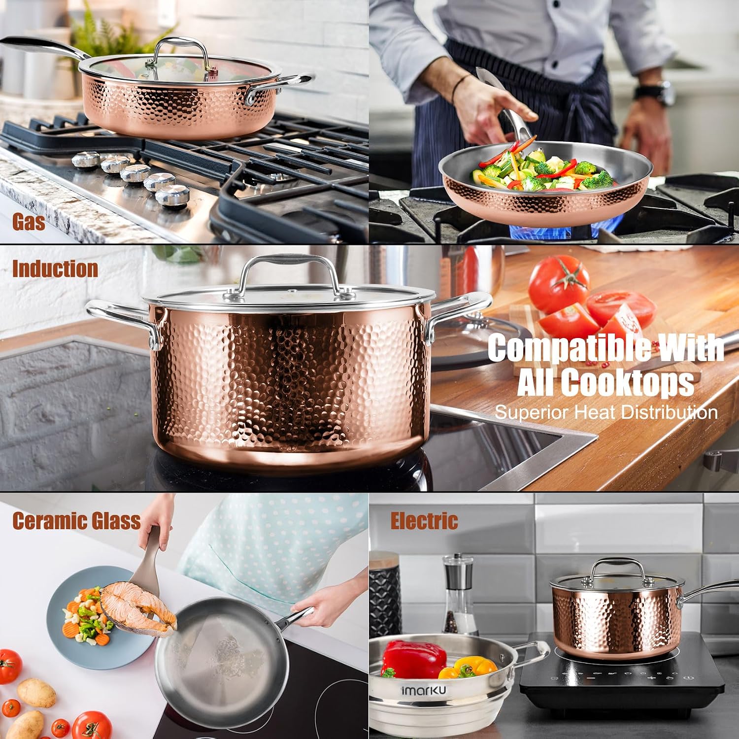 imarku Stainless Steel Pots and Pans Set, 14PCS Kitchen Cookware Sets with Lids, Non-Toxic Tri-Ply Clad Hammered Stainless Steel, Suits Ceramic and Induction, Best Gifts for Women Men