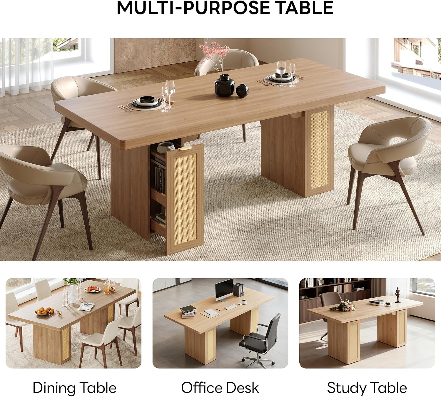 LIKIMIO 78.7' Farmhouse Dining Table for 6-8 People, Extra Thick Wood Top with 2 Hidden Adjustable Storage Drawers, Modern Woven Rattan Table for Dining Room, Kitchen, Living Room, Rustic White