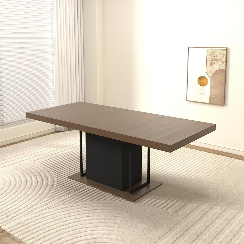 78.74'' Extendable Rectangular Dining Table for 4-8, Modern Mid-Century Wood Expandable Kitchen Dinner Conference Table for Living Room Office, Widen Pedestal Base, Black & Brown