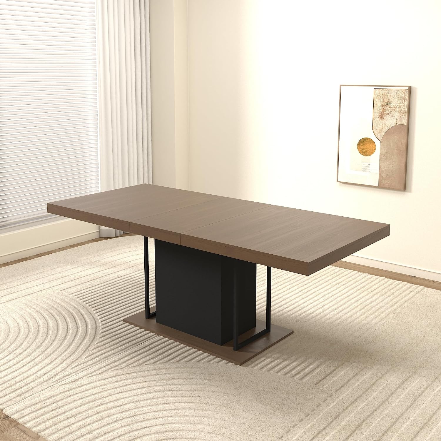 78.74'' Extendable Rectangular Dining Table for 4-8, Modern Mid-Century Wood Expandable Kitchen Dinner Conference Table for Living Room Office, Widen Pedestal Base, Black & Brown