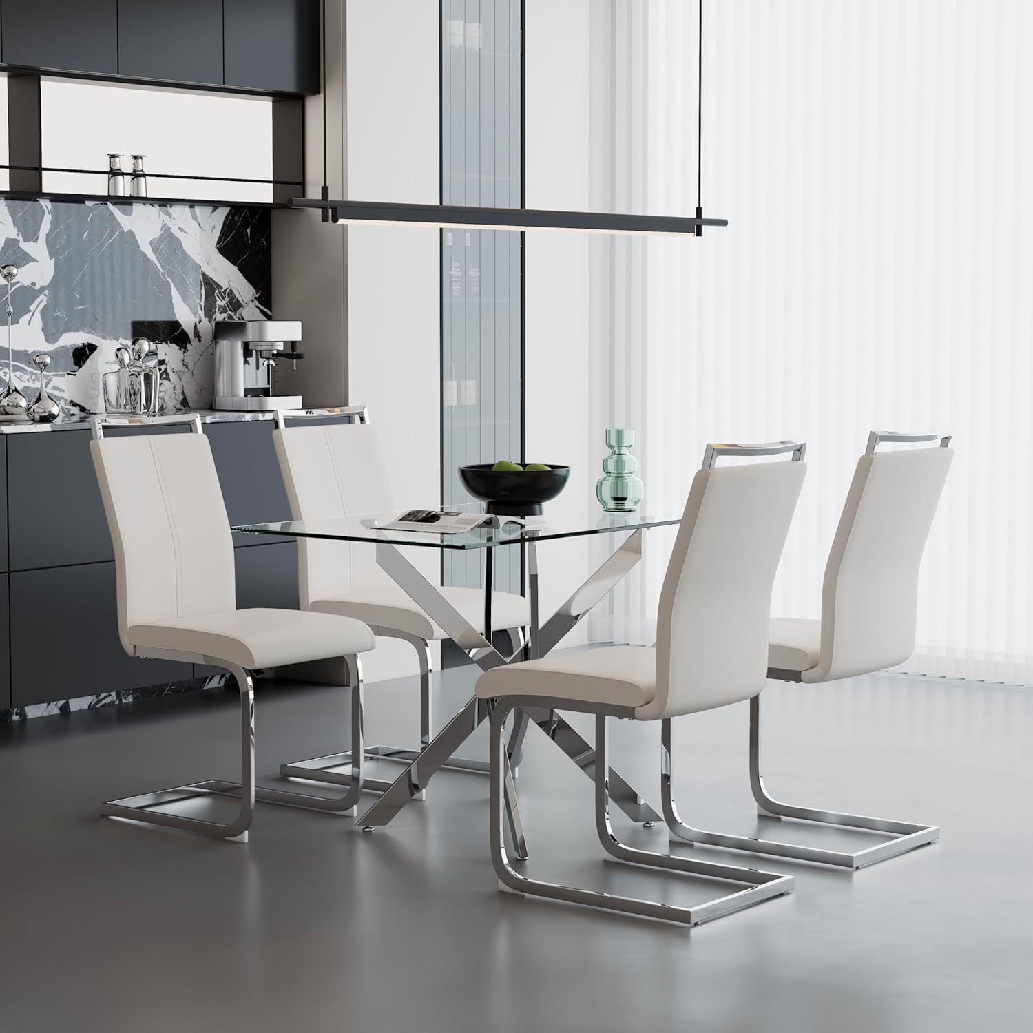 5 Piece Glass Dining Table Set for 4, Modern Tempered Glass Top Kitchen Table and Chairs Set, 4 Upholstered Chairs and Faux Leather Cushions, Space-Saving Small Apartment Dining Set