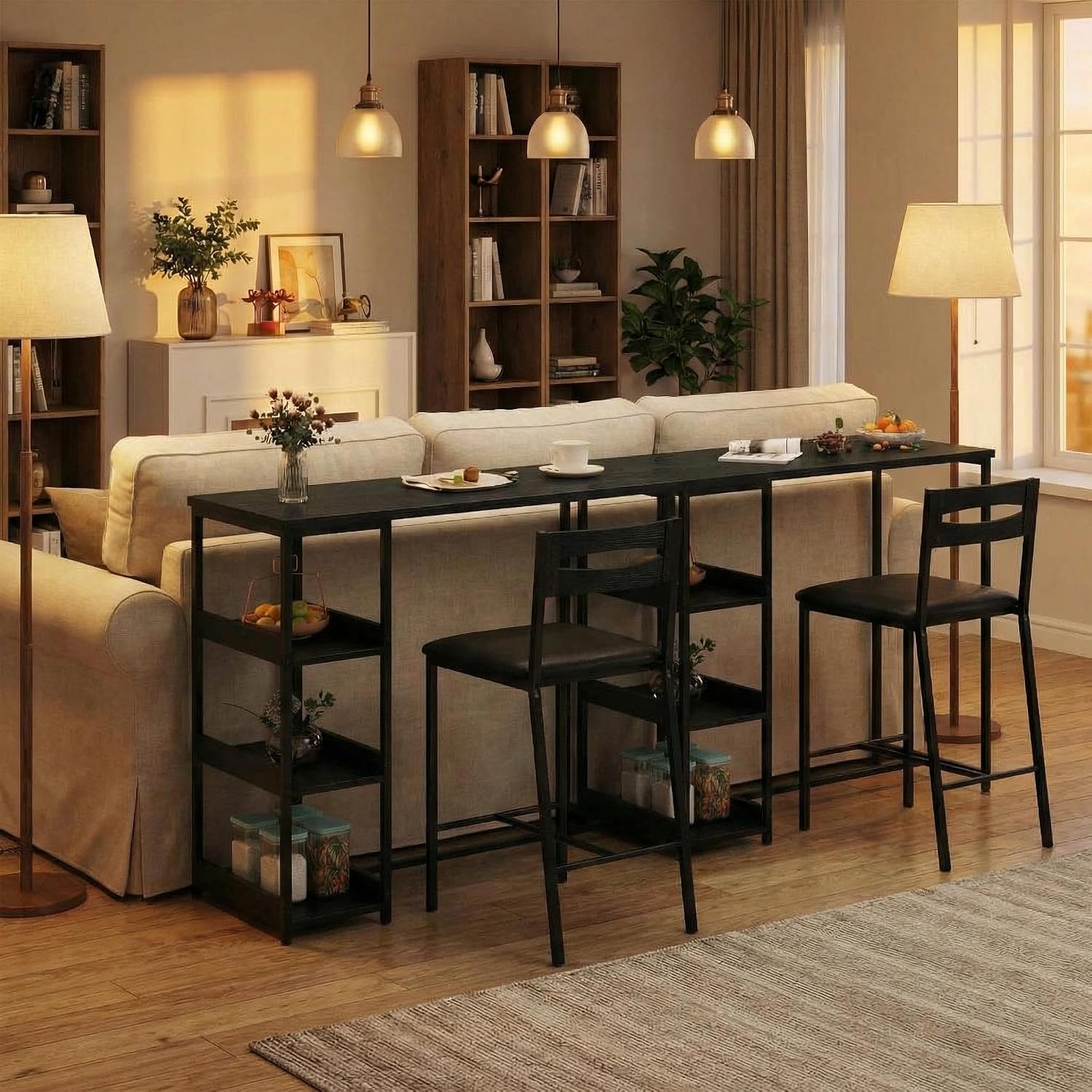 GarveeHome 3-Piece Kitchen Table Set with Storage Shelves & 2 Upholstered Chairs - Iron and Wood Dining Table for Small Spaces, Apartments, Condos, Black