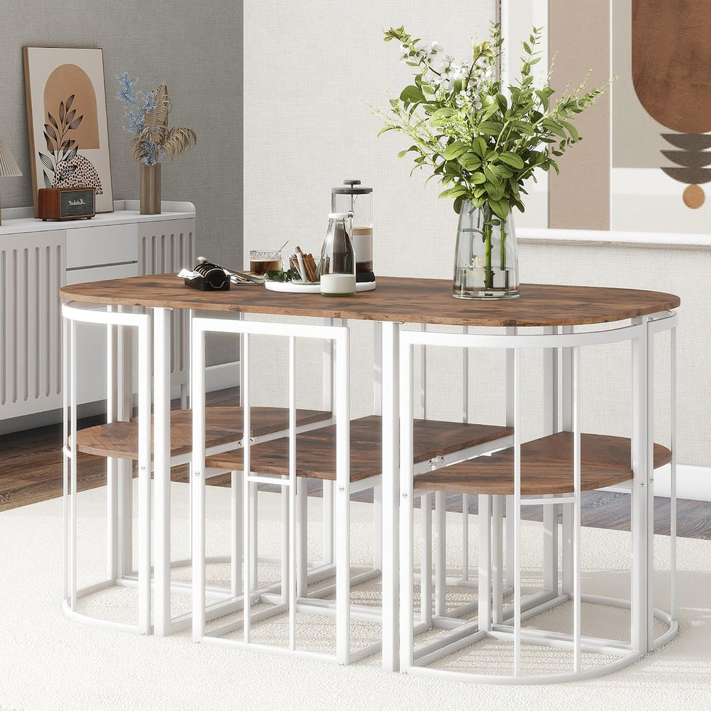 7 Piece Dining Table Set, Metal Kitchen Dining Table Set with Chairs for 6 Persons for Small Space, White Cherry