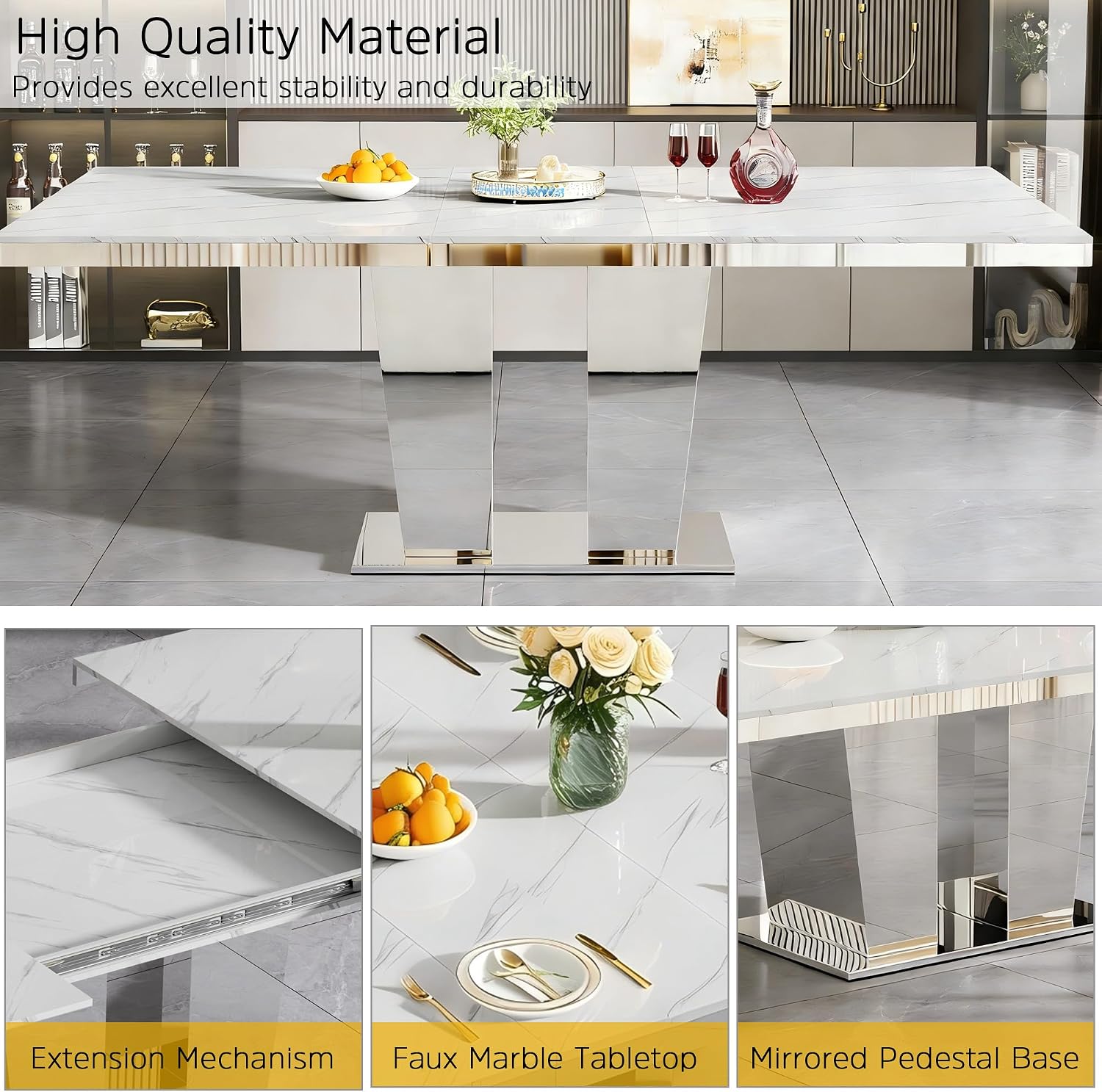 94 inch Extendable Dining Table for 6 8 10, Modern Expandable Kitchen Table with White Faux Marble Top & Silver Mirrored Base, Large Luxury Faux Marble Dining Room Table for Dinner Family Gathering