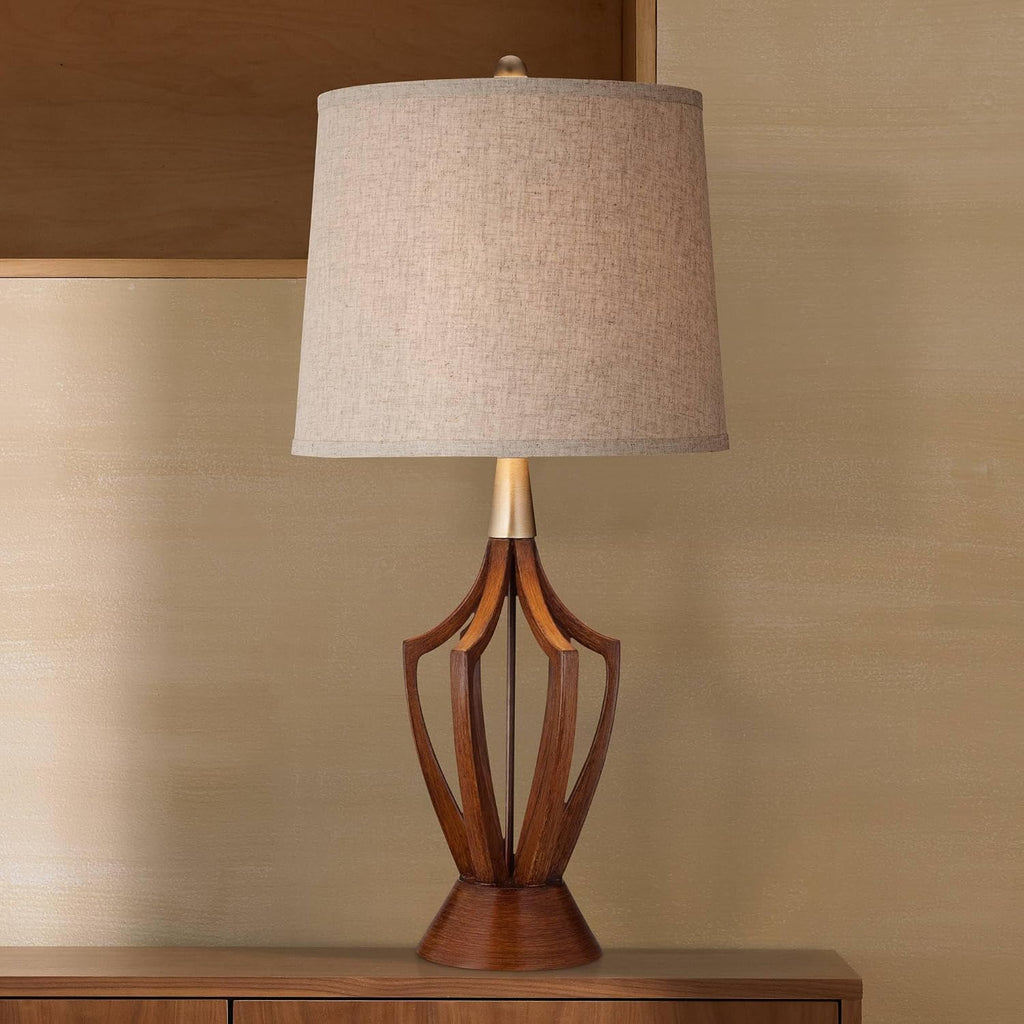 360 Lighting St. Claire 30 3/4' Tall Open Base Large Mid Century Modern End Table Lamps Set of 2 Wood Finish Fabric Shade Living Room Bedroom Bedside Nightstand House Office Home Reading Kitchen