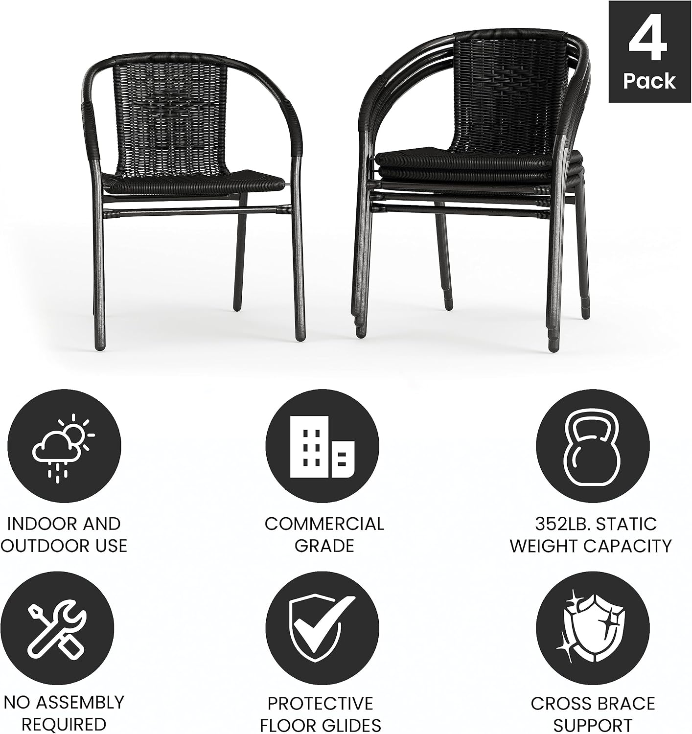 EMMA + OLIVER Set of 4 Modern PE Rattan Stack Chairs, Indoor/Outdoor Patio Dining Chairs, No Assembly Required, Black