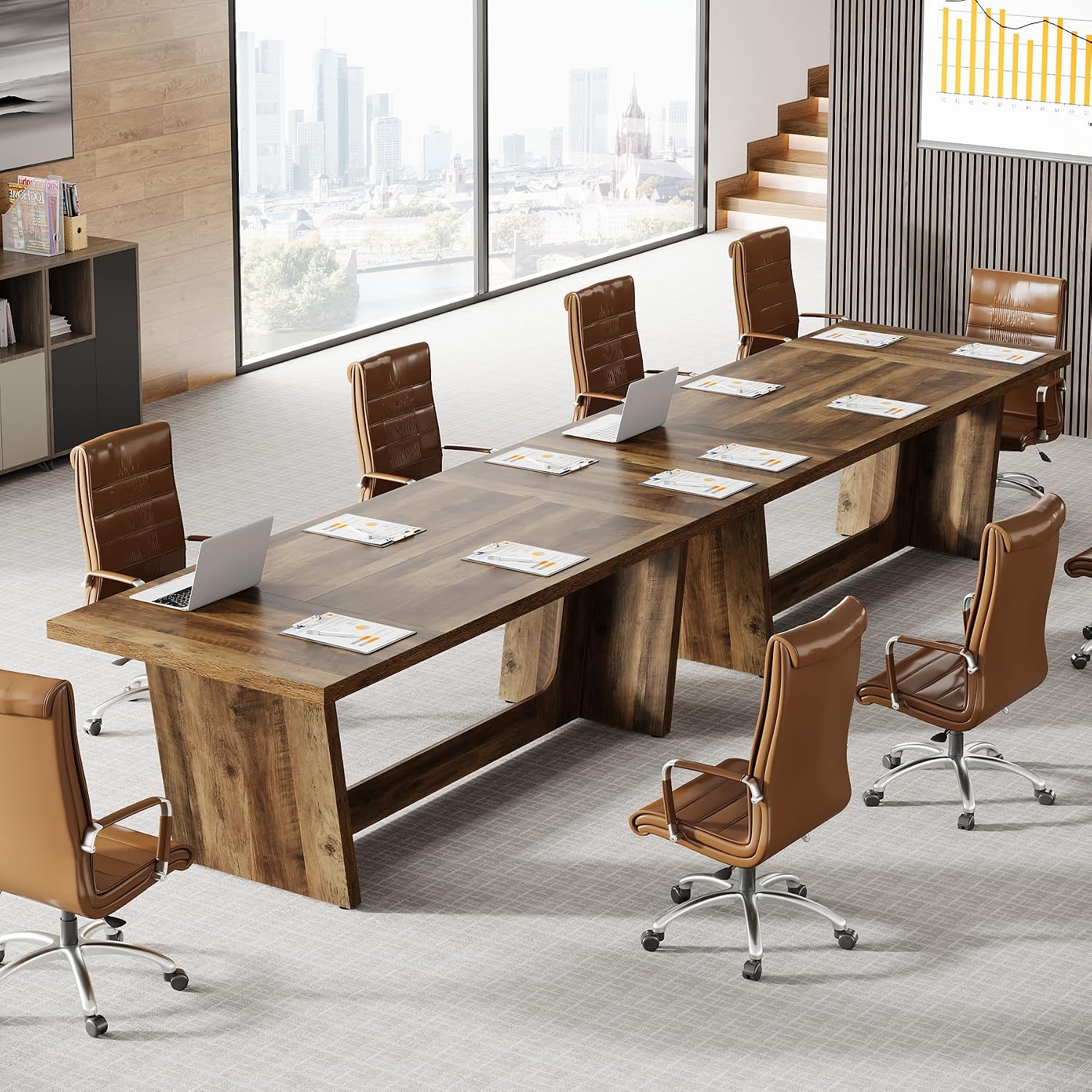 Tribesigns 14-16 People Conference Table, 12 FT Large Rectangular Meeting Seminar Table, Modern Solid Executive Office Business Furniture Boardroom Desk for Office (Set of 4, Dark Brown)