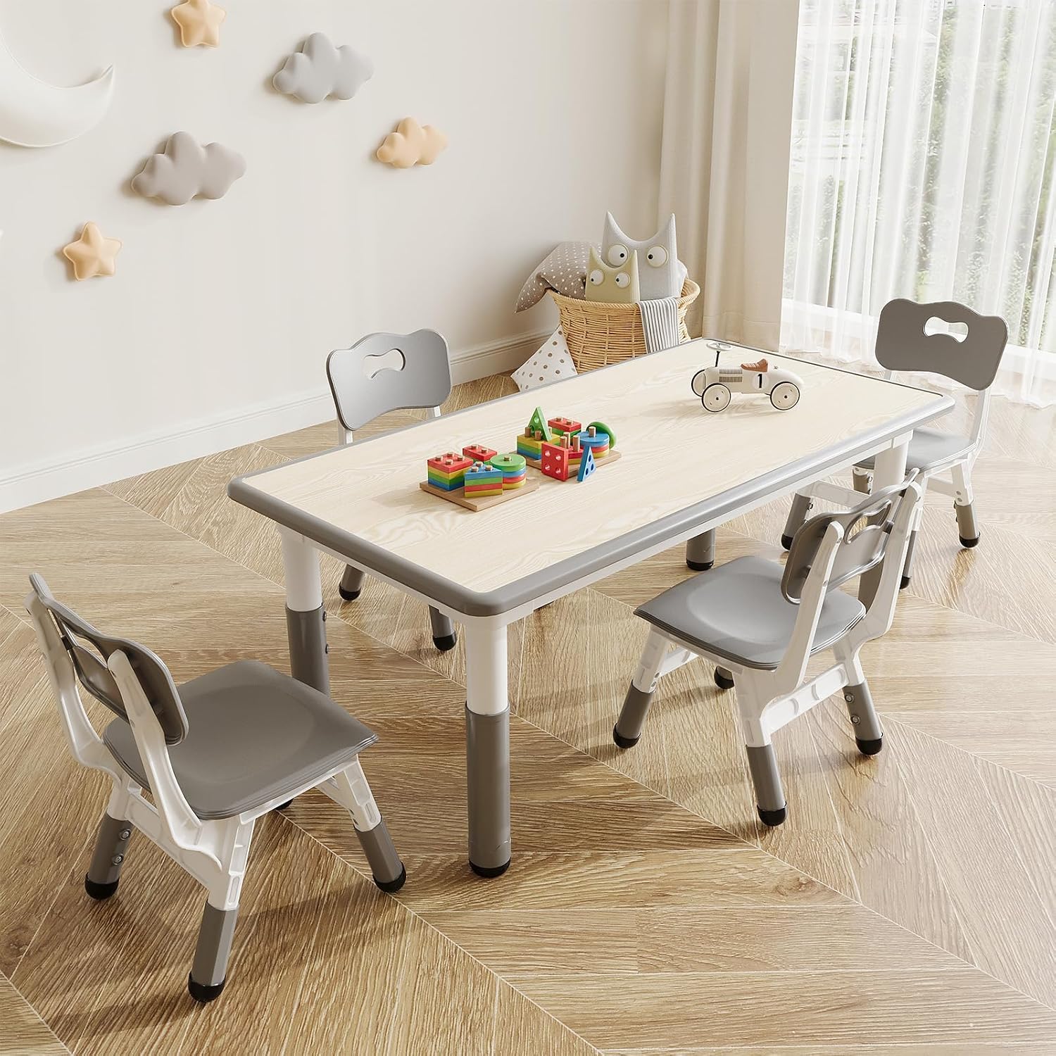 Kids Table and Chair Set, Height Adjustable Toddler Table and 4 Chairs Set for Ages 2-10, Graffiti Desktop, Non-Slip Legs, Arts & Crafts Table, Children Activity Table for Daycare Classroom Home